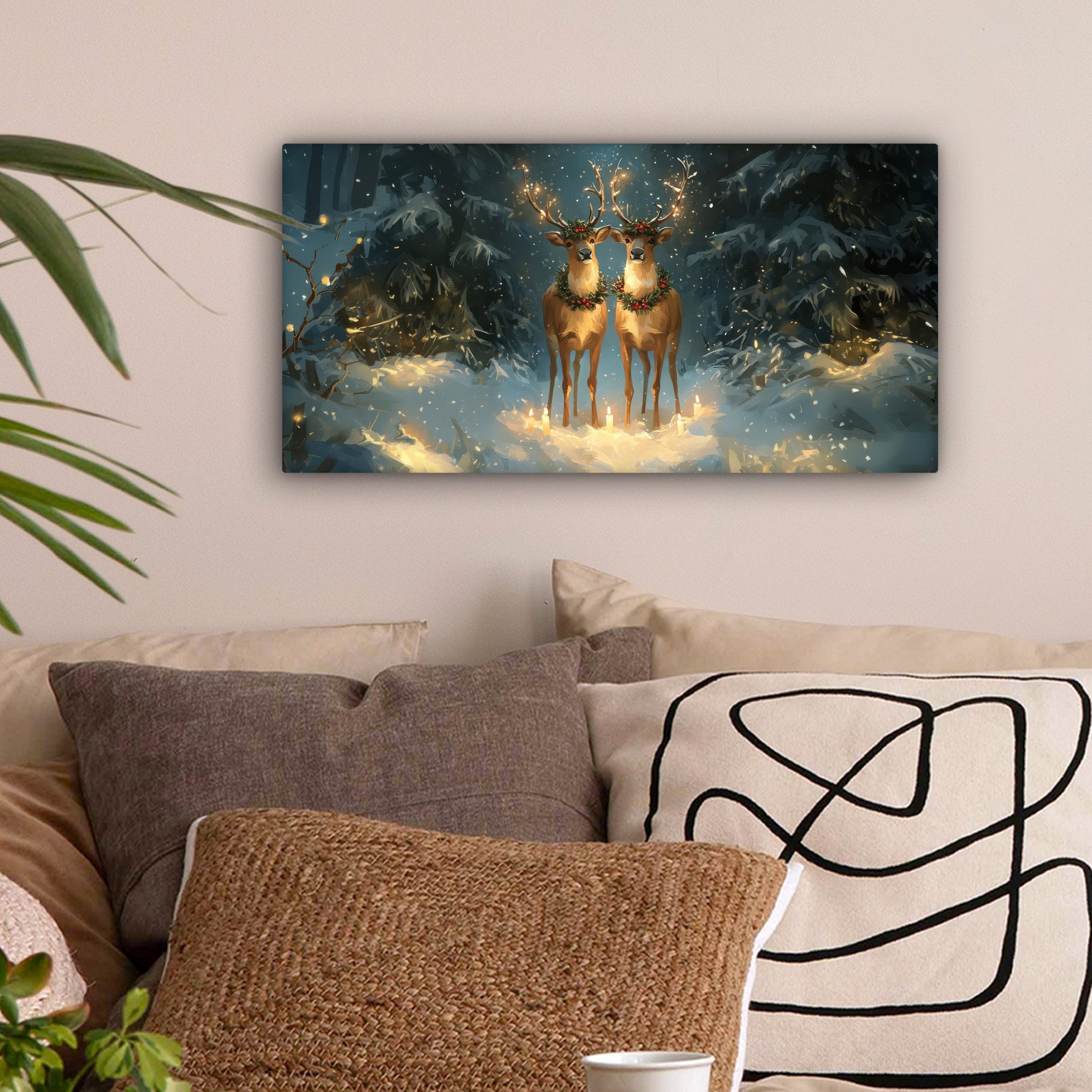 OneMillionCanvasses® Leinwandbild Panorama Kiefer-Märchen - Rentier - Nacht günstig online kaufen