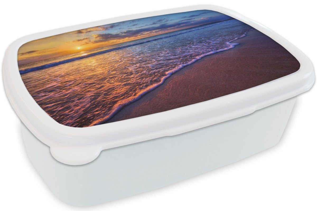 Meer für und - Mädchen Strand Lunchbox Kinder Wolken MuchoWow Brotdose, - Sonnenuntergang Horizont, Erwachsene, Brotbox und Jungs Kunststoff, (2-tlg), - für - weiß