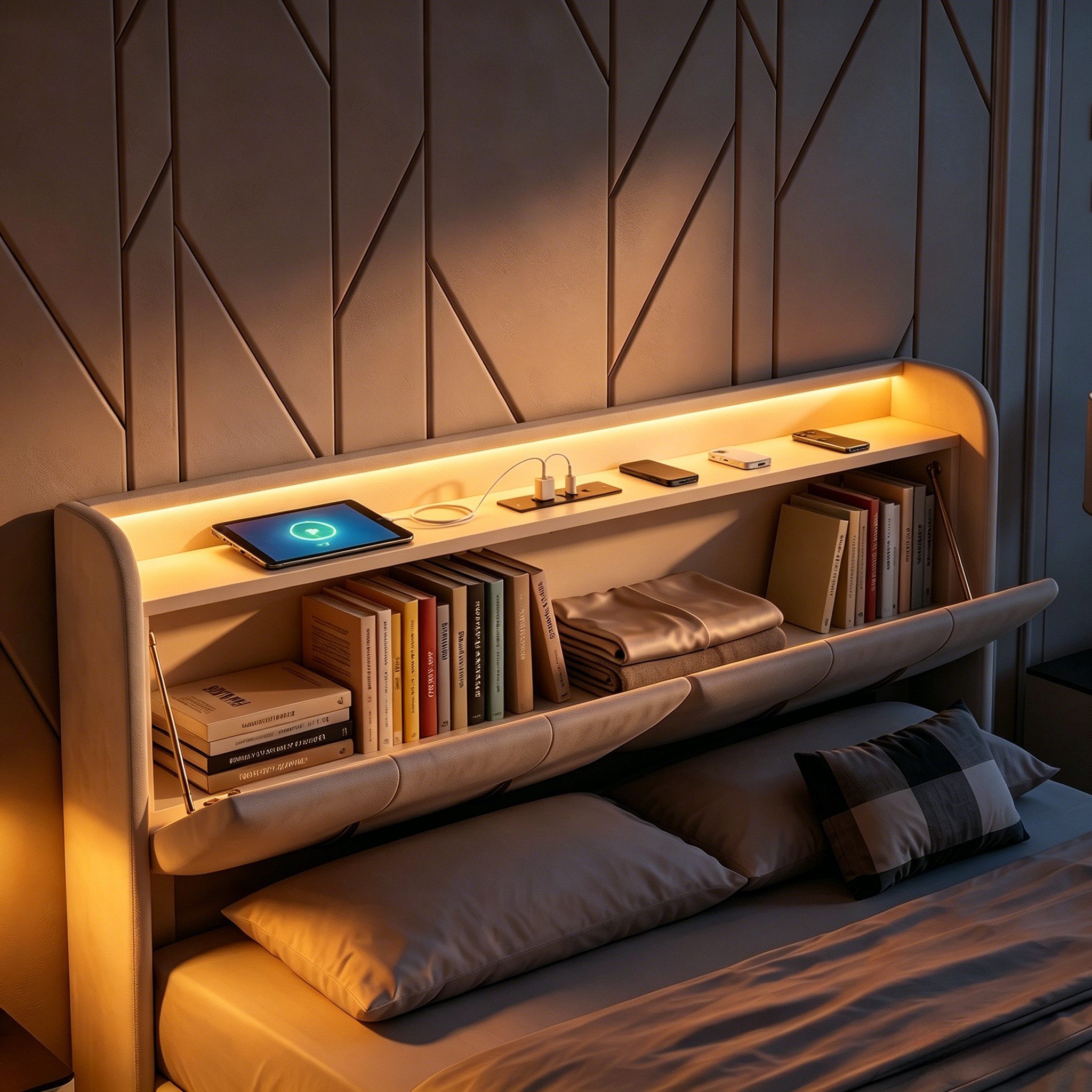 Furnishings Home Polsterbett 180 x 200 Doppelbett LED Hydraulisch anhebbarer Stauraumbett (Mit Lattenrost, Samt material Polsterbett), Modernes Jugendbett, Leises Design Bett, Max. Belastbarkeit 350 kg