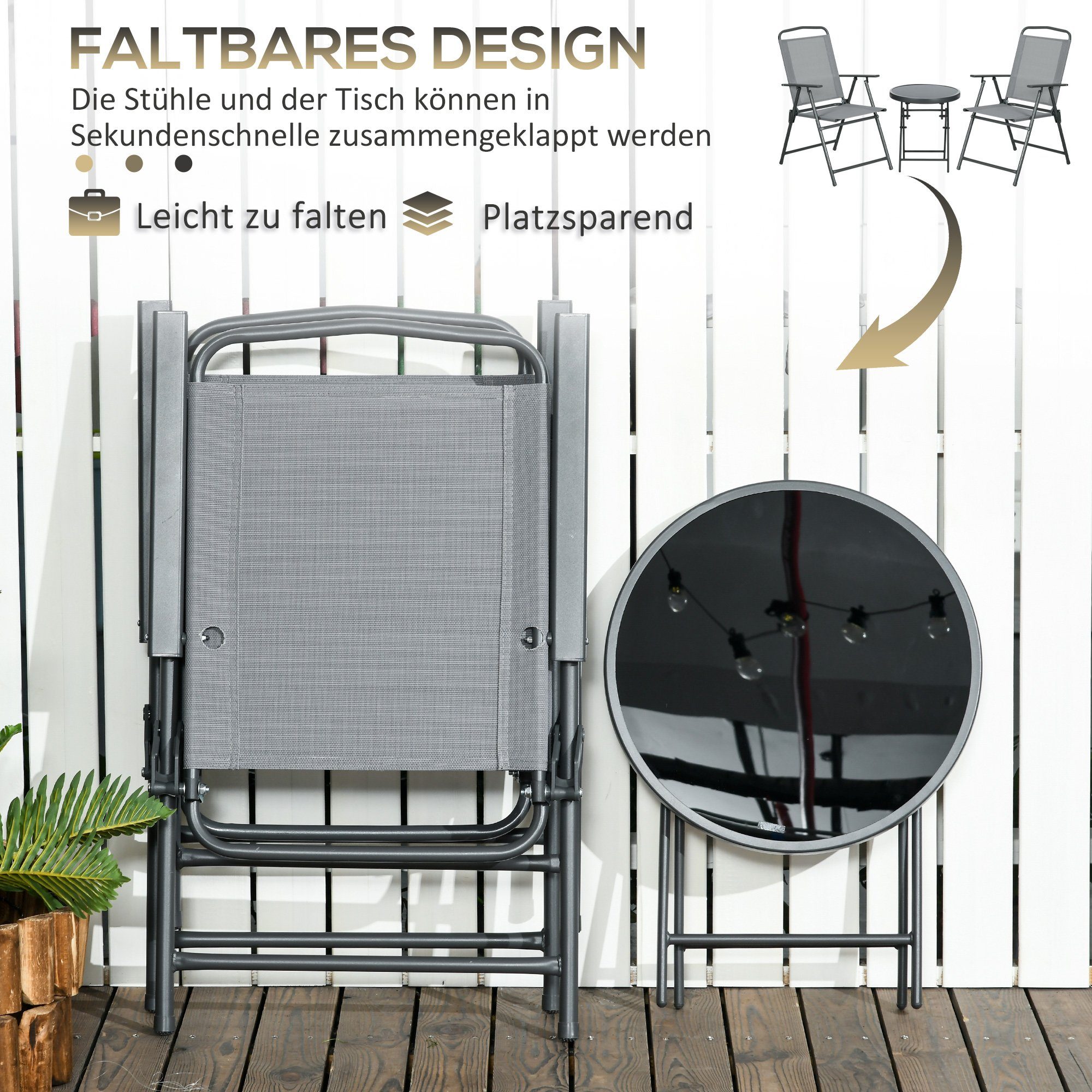 Outsunny Balkonset Sitzgruppe 3tlg., Klappbares Balkonmöbel-Set inkl. 1 Tisch, 2 Stühlen, (Gartenmöbel-Set, 3-tlg., Bistro-Set), Gartengarnitur für Garten, Terrasse, Mesh, Hellgrau