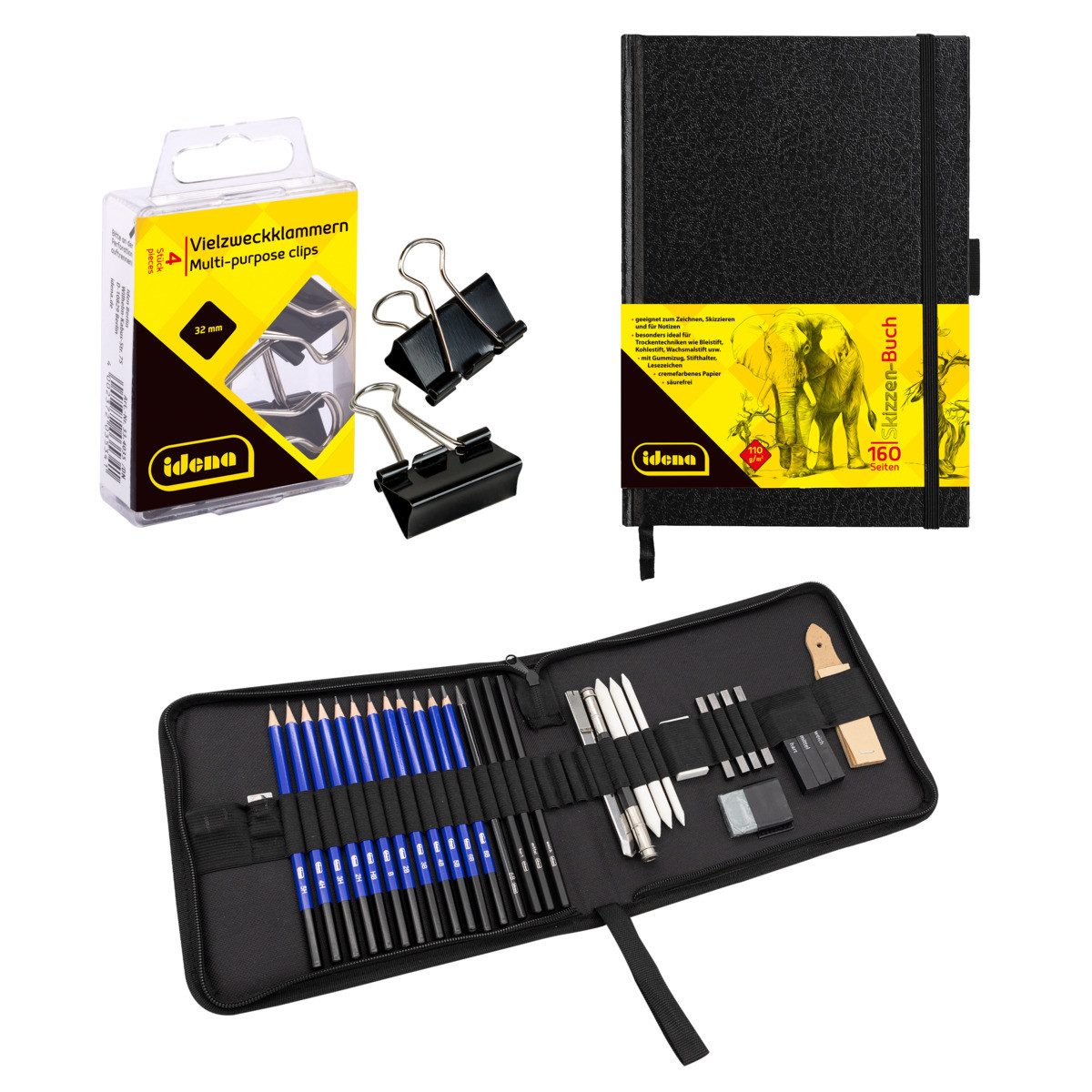 Idena Kreativset Idena Set Zeichenset + Vielzweckklammern + Skizzenbuch 3 Teile