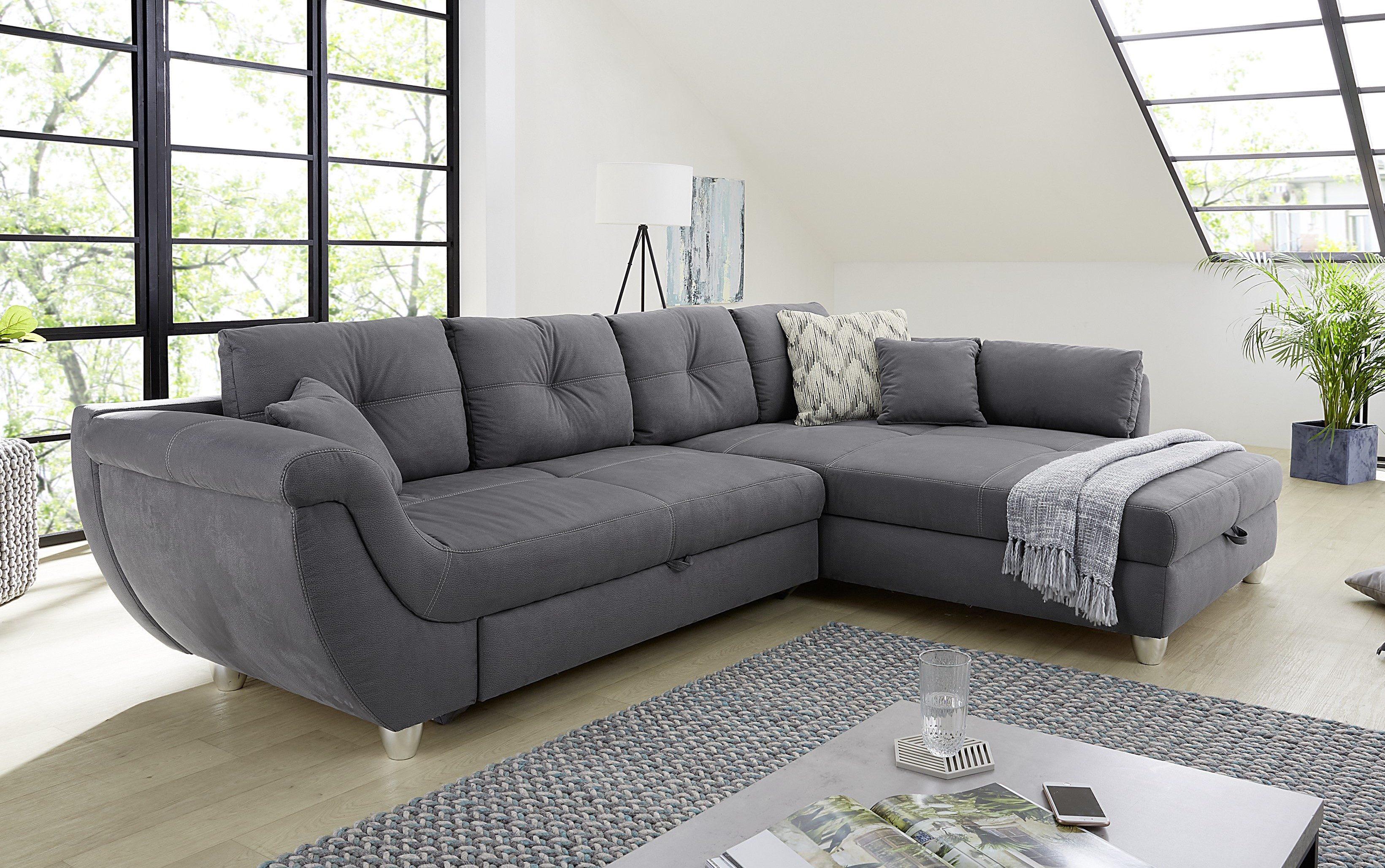 luma-home Ecksofa 15230, mit Schlaffunktion und großem Bettkasten B330/T207/H90 cm, Liegefläche 153x270 cm, Wellenunterfederung, Ottomane links oder rechts montierbar, Mikrofaser-Bezug Grau