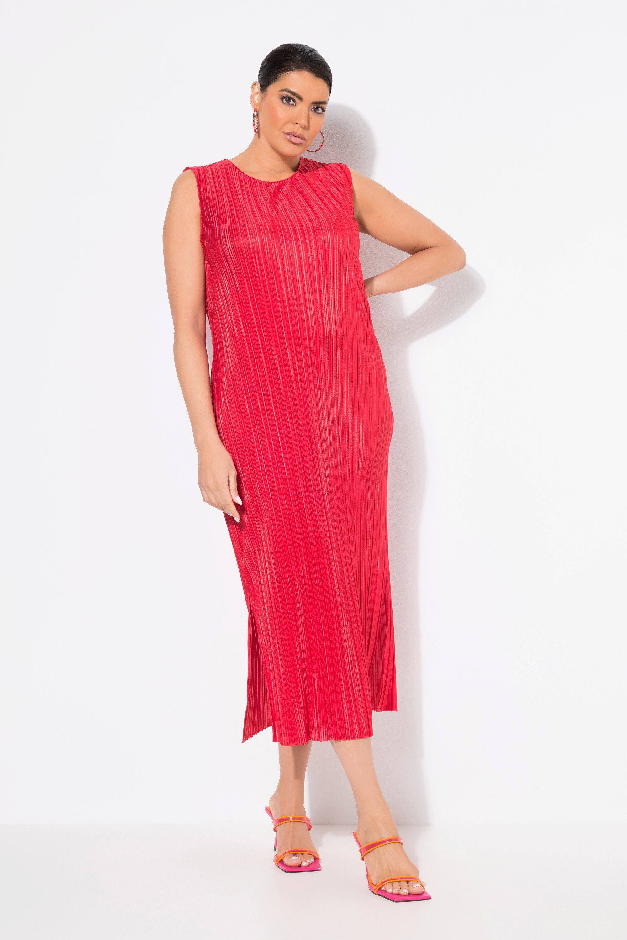 Ulla Popken Midikleid Plissee-Midikleid Rundhals ärmellos günstig online kaufen