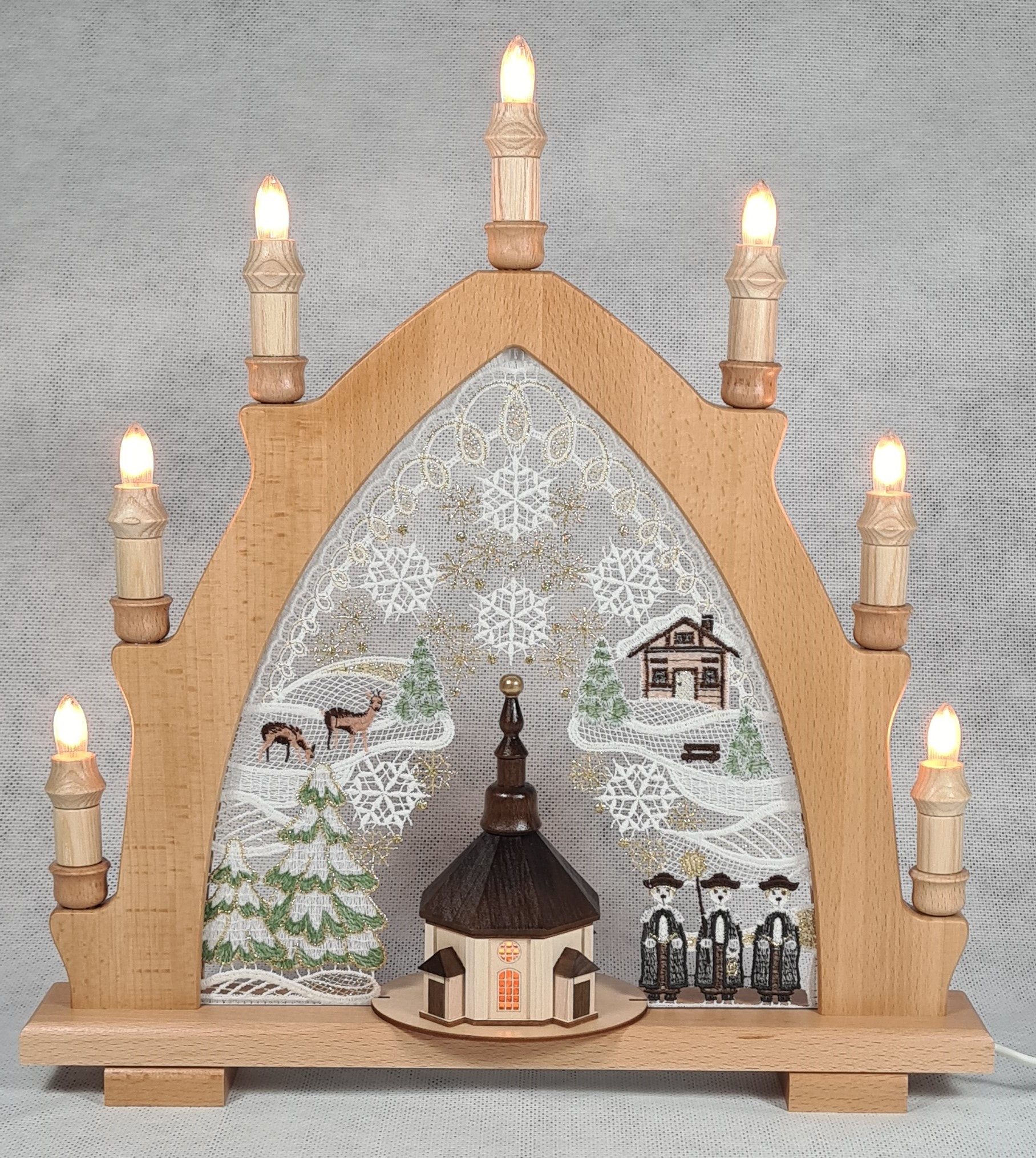 Lichterbogen Erzgebirgischer Holz-Schwibbogen mit Plauener Spitze, Seiffener Kirche (1-tlg)