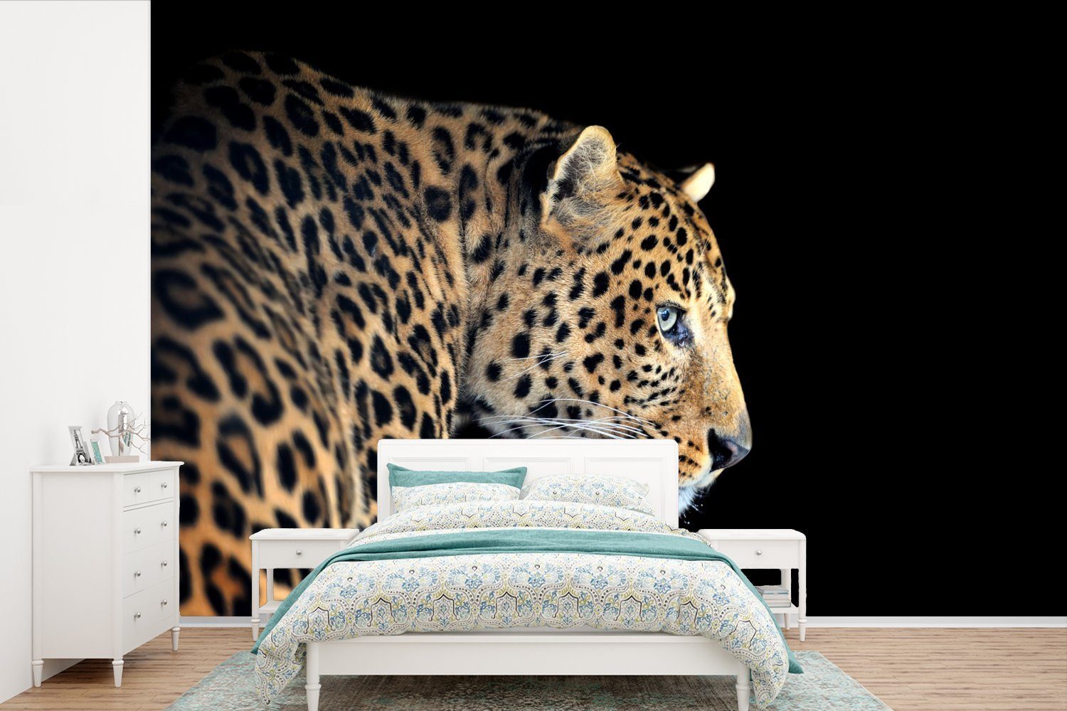 MuchoWow Fototapete Leopard - Profil - Schwarz, Matt, bedruckt, (6 St), Wallpaper für Wohnzimmer, Schlafzimmer, Kinderzimmer, Vinyl Tapete