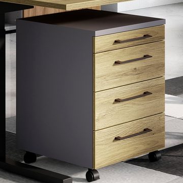 Lomadox Schreibtisch PRATO-01, Büromöbel Set Aktenschrank Rollcontainer Regal Graphit grau Eiche
