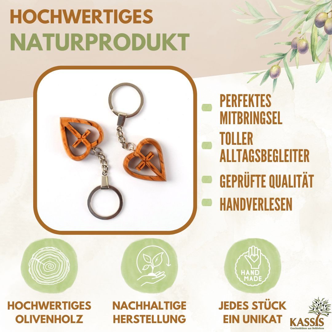 Kassis Geschenkartikel Schlüsselanhänger Schlüsselring mit Kreuz im Herz aus Olivenholz, handgefertigt in Bethlehem, Geschenk zu mehreren Anlässen