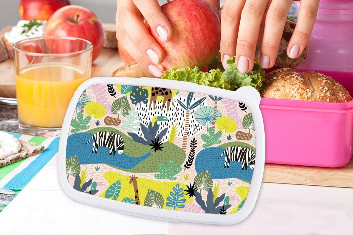MuchoWow Lunchbox Natur Snackbox, (2-tlg), Brotbox für - Farben, Kinder, Kunststoff, Dschungel Kunststoff Brotdose Erwachsene, - Mädchen, rosa