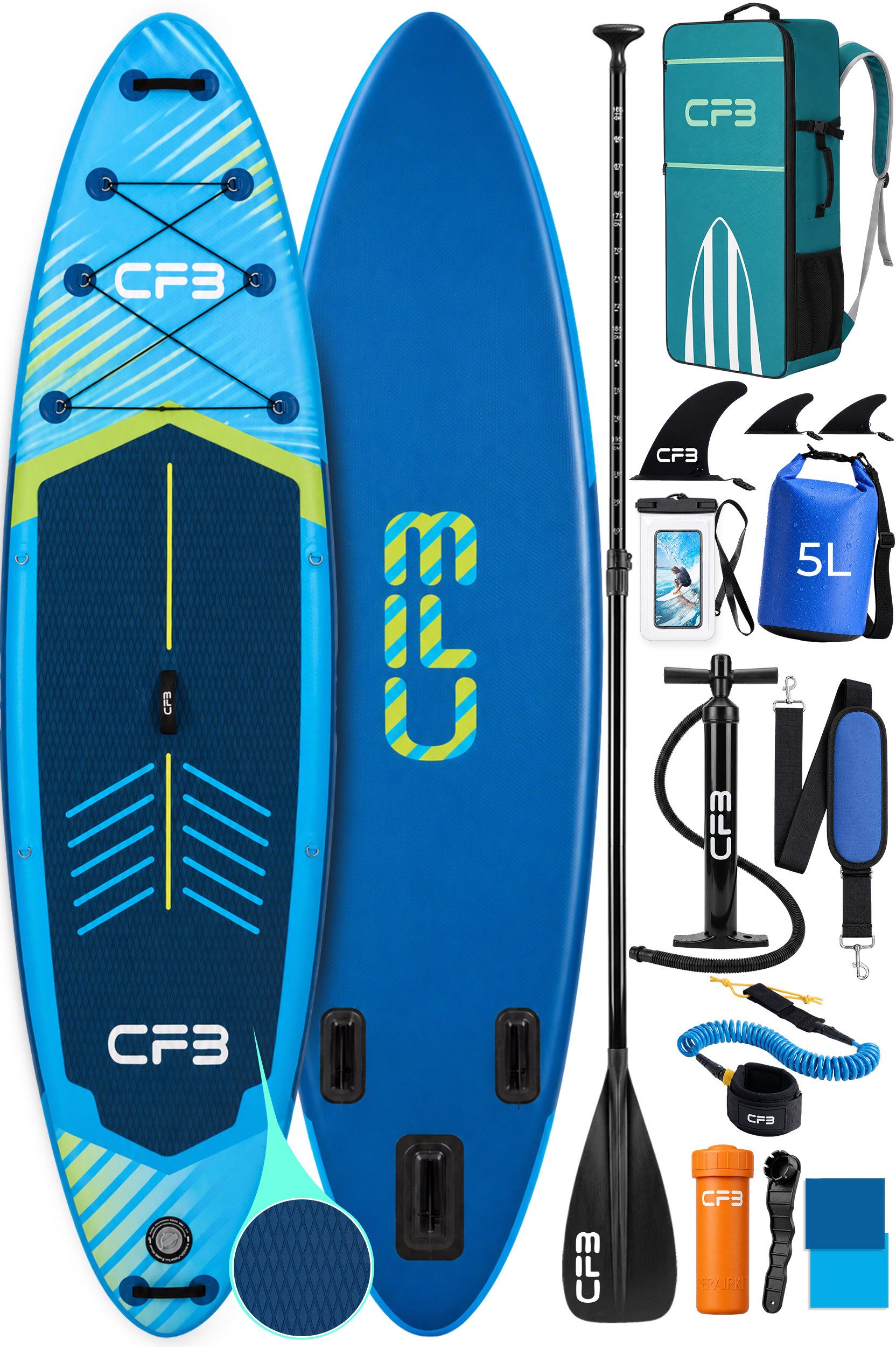 CFB SUP-Board Set 320x84x15 cm, Bis zu 160 kg, extra breites iSUP, aufblasbares Stand Up Paddle Board, (großes EVA-Deckpad, SUP Komplett-Set, 12 tlg., mit Paddel, Pumpe, Rucksack, Drybag, Handyhülle & Schultergurt), Surfboard, Paddelboard mit 3-Finnen-System für Anfänger und Erwachsene