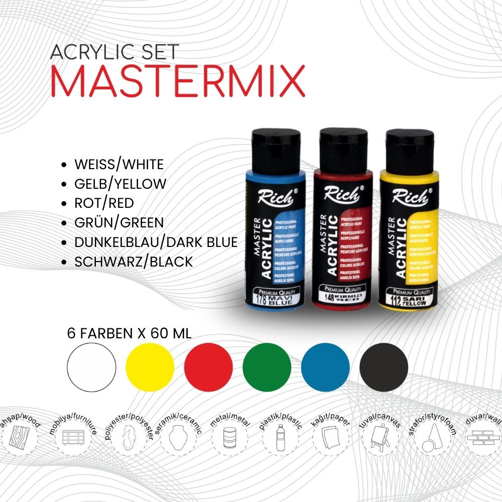 RICH Acrylfarbe RICH MASTERMIX Acrylfarben-Set 6 Farben - 60 ml, Intensive Deckkraft, geeignet für Künstler jeder Erfahrungsstufe