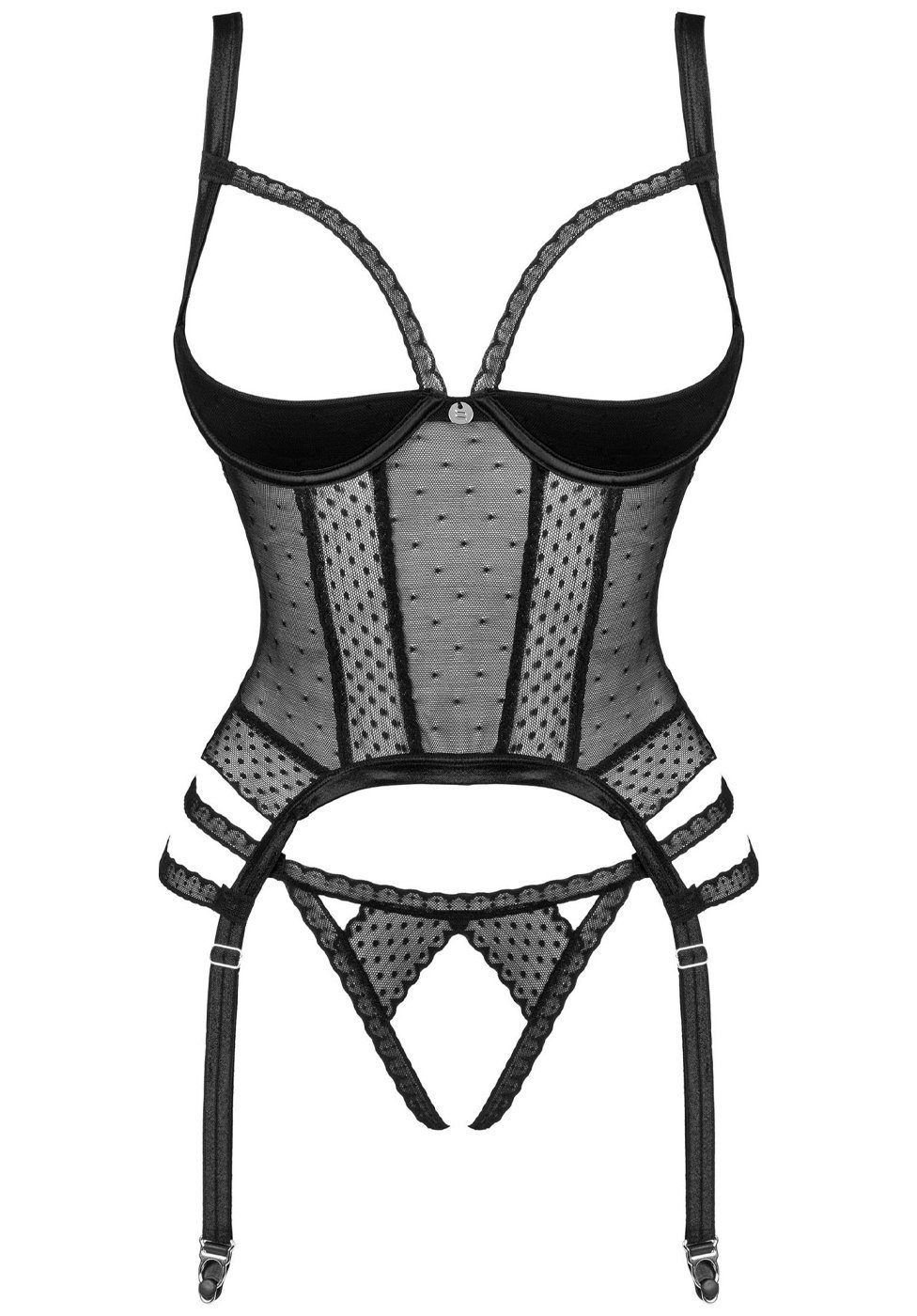 Obsessive Set: Bügel-BH Corsage mit Strumpfhalter und Ouvert-String - schwarz (2-tlg) transparent