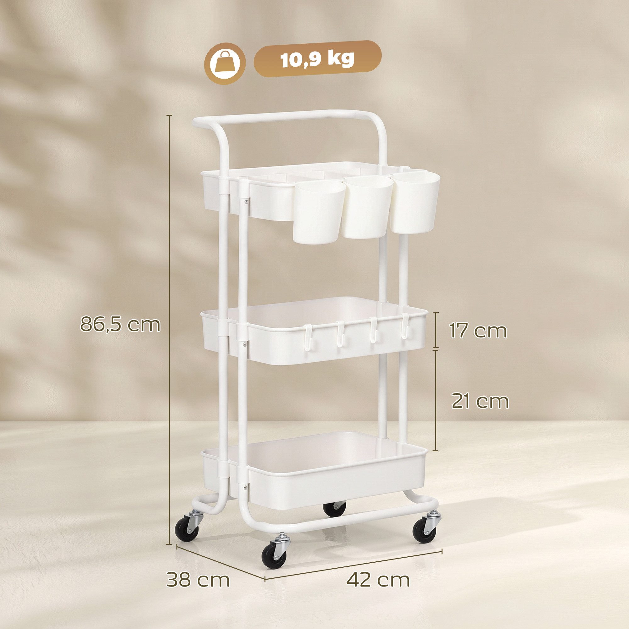 HOMCOM Servierwagen Küchenwagen mit Griff Rollen Küchenregal mit Haken, weiß, (Aufbewahrungswagen, 1 St., Küchenwagen mit Haken), Beistellwagen für Küche, Wohnzimmer, Stahl, Weiß