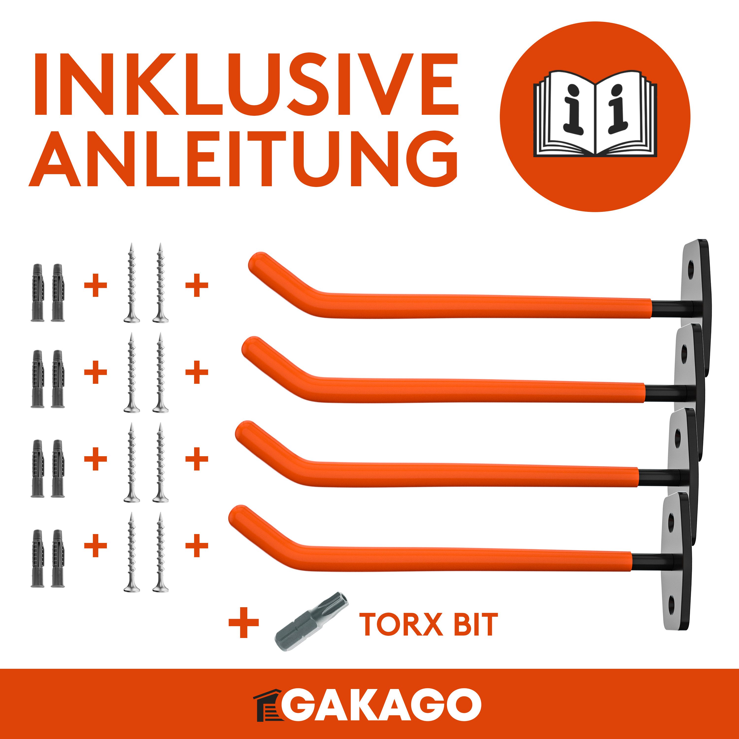 Gakago Reifen-Wandhalterung, (4-tlg., für Autoreifen & Felgen, - Extra lang inkl. Schrauben & Dübel mit Montageanleitung)