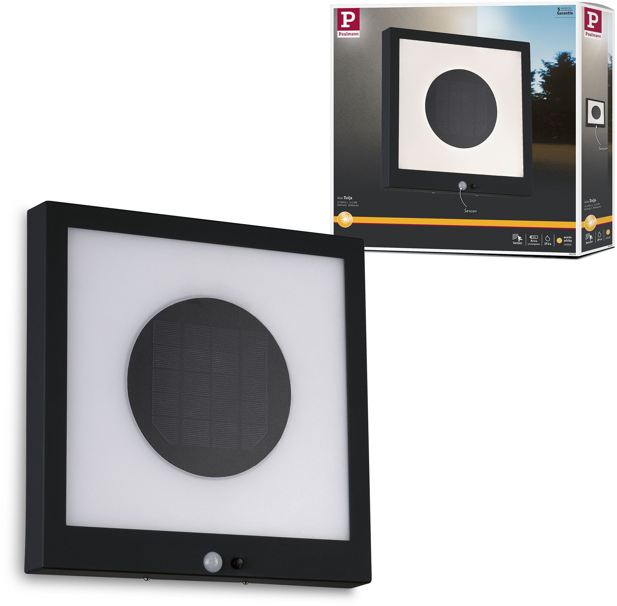 Paulmann LED Außen-Wandleuchte fest LED-Board, Solar Bewegungsmelder, LED Taija, Bewegungsmelder Panel, integriert, Warmweiß, mit