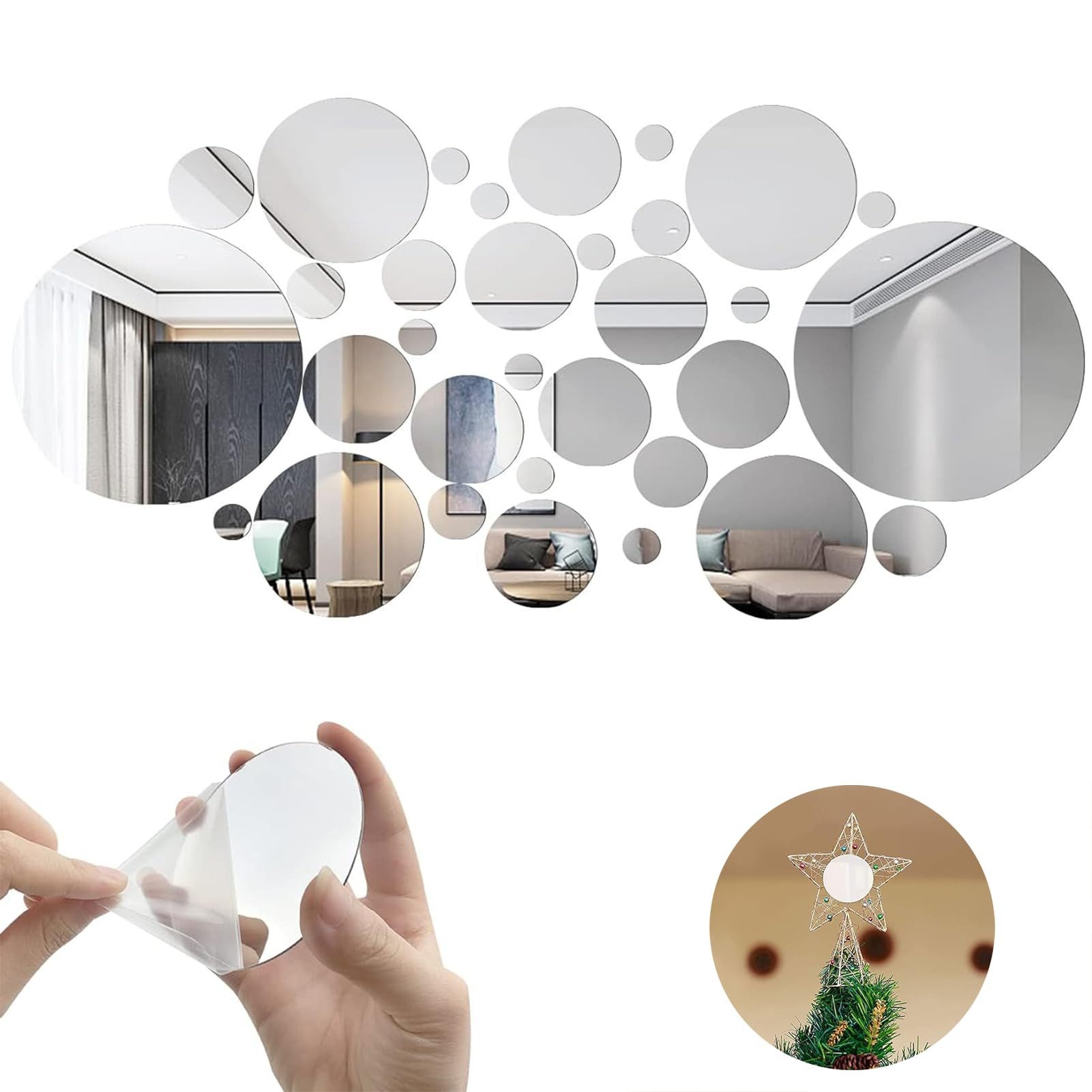 Agger 3D-Wandtattoo 32 Stück Acrylspiegel Wandaufkleber, Wandabziehbild Spiegel Set, Badezimmer Wandaufkleber Kunst, Kreis Deckenspiegel