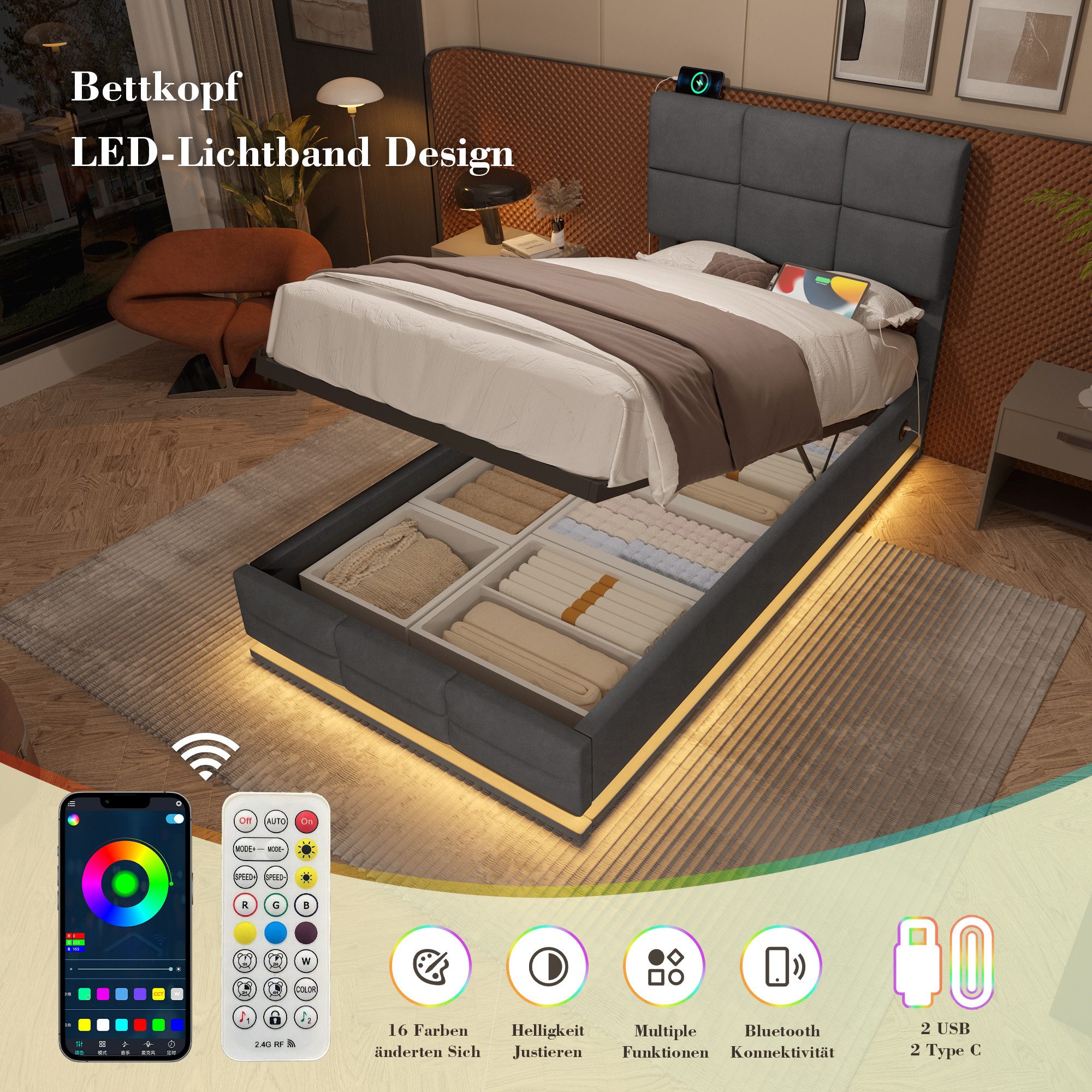 REDOM Polsterbett mit LED & USB, günstig online kaufen