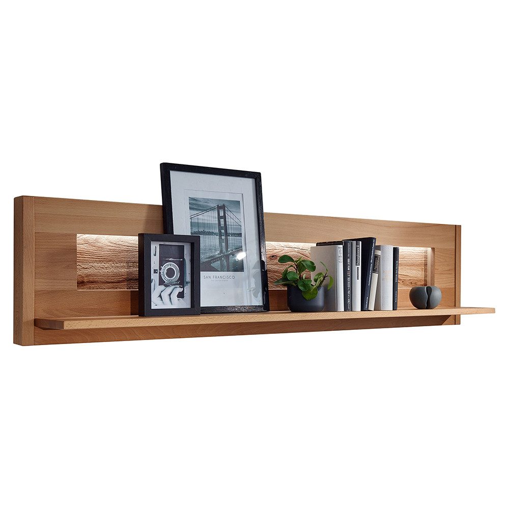 Lomadox Wandregal WELLAND-69, 164 cm breit, Kernbuche massiv geölt mit LED-Beleuchtung