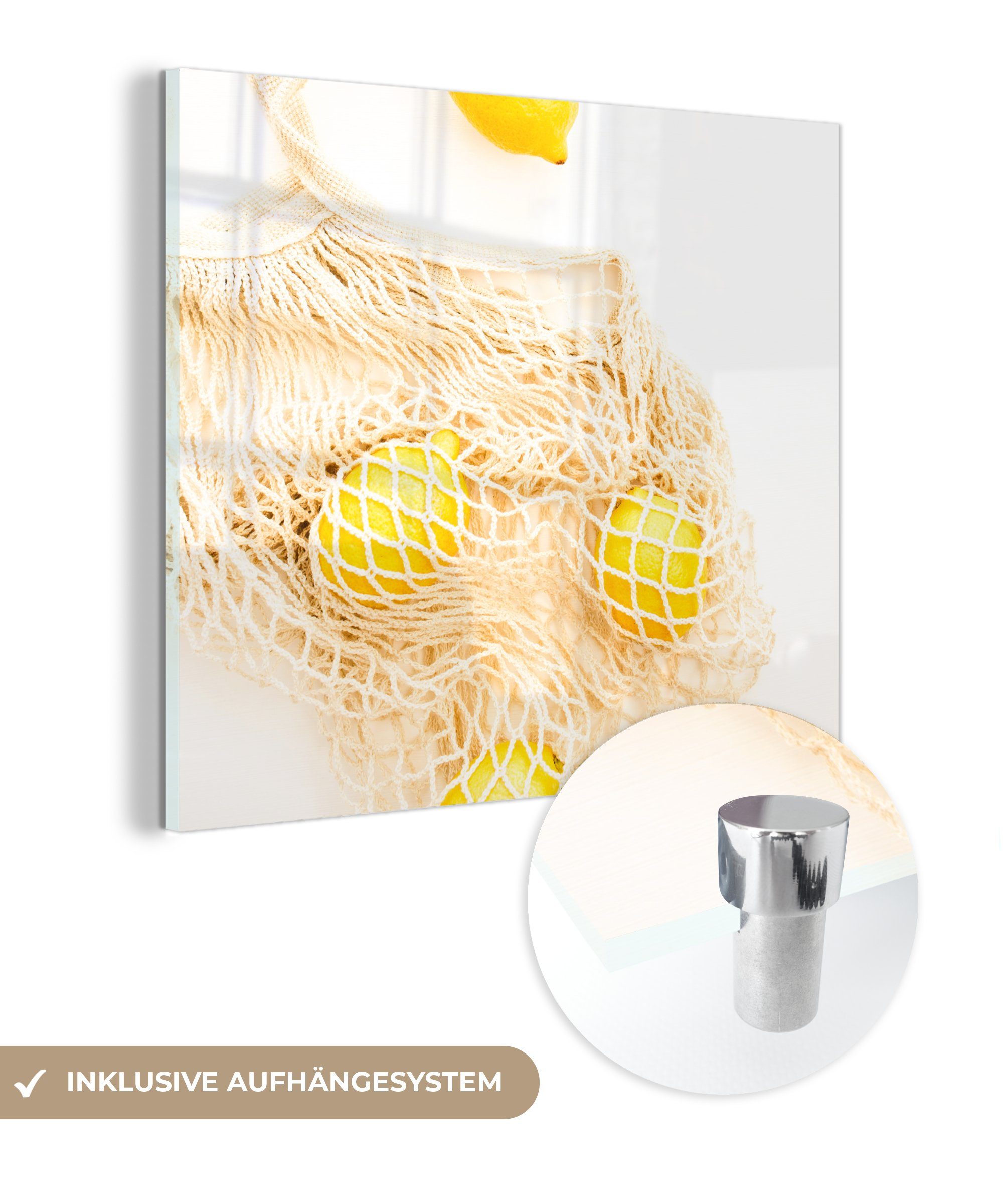 MuchoWow Acrylglasbild Sommer - Tasche - Zitrone, (1 St), Glasbilder - Bilder auf Glas Wandbild - Foto auf Glas - Wanddekoration