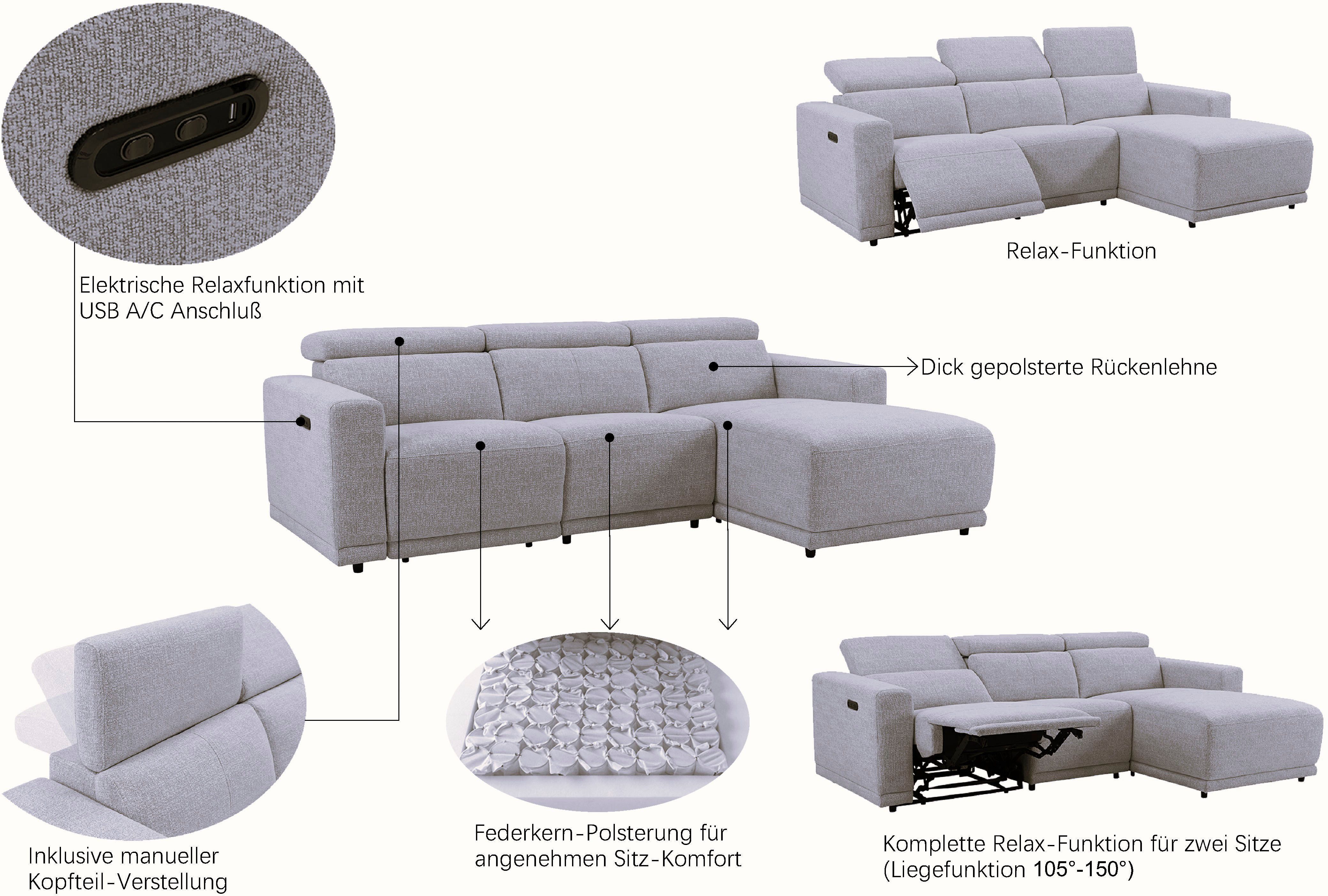 OTTO home Ecksofa LEOON L-Form, 255 cm - elektr. Relaxfunktion, mit USB A/C-Anschluss. Federkern, verstellbaren Kopfstützen, Webstoff