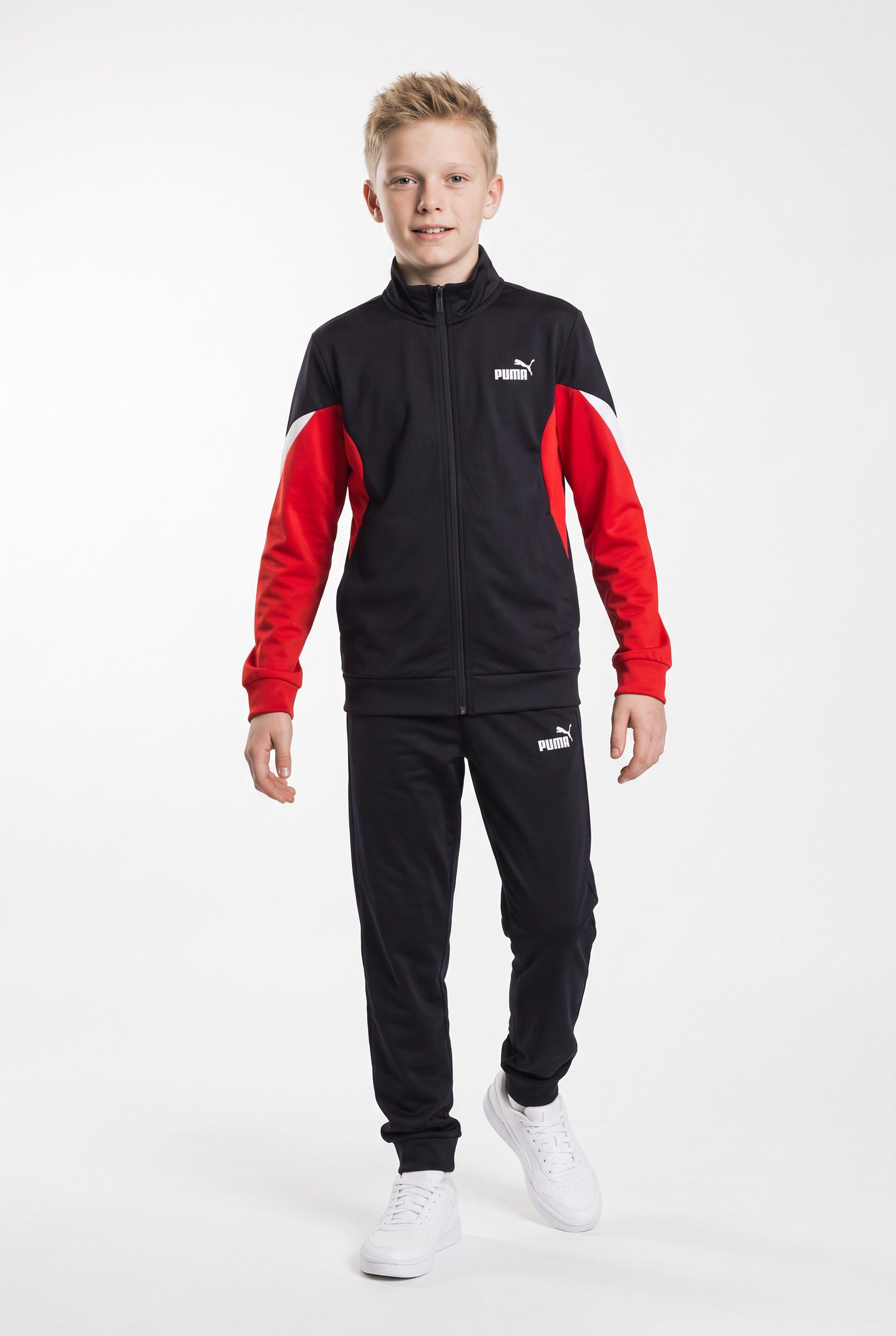 PUMA Trainingsanzug ESS BLOCK POLY SUIT B (2-tlg), zweiteiliges Set, mit Reißverschluss am Oberteil, Regular Fit