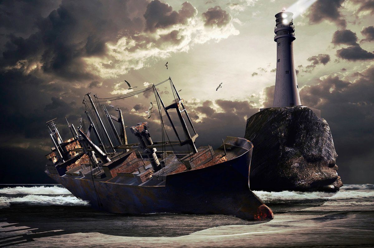 Papermoon Fototapete Gestrandetes Schiff mit Leuchtturm