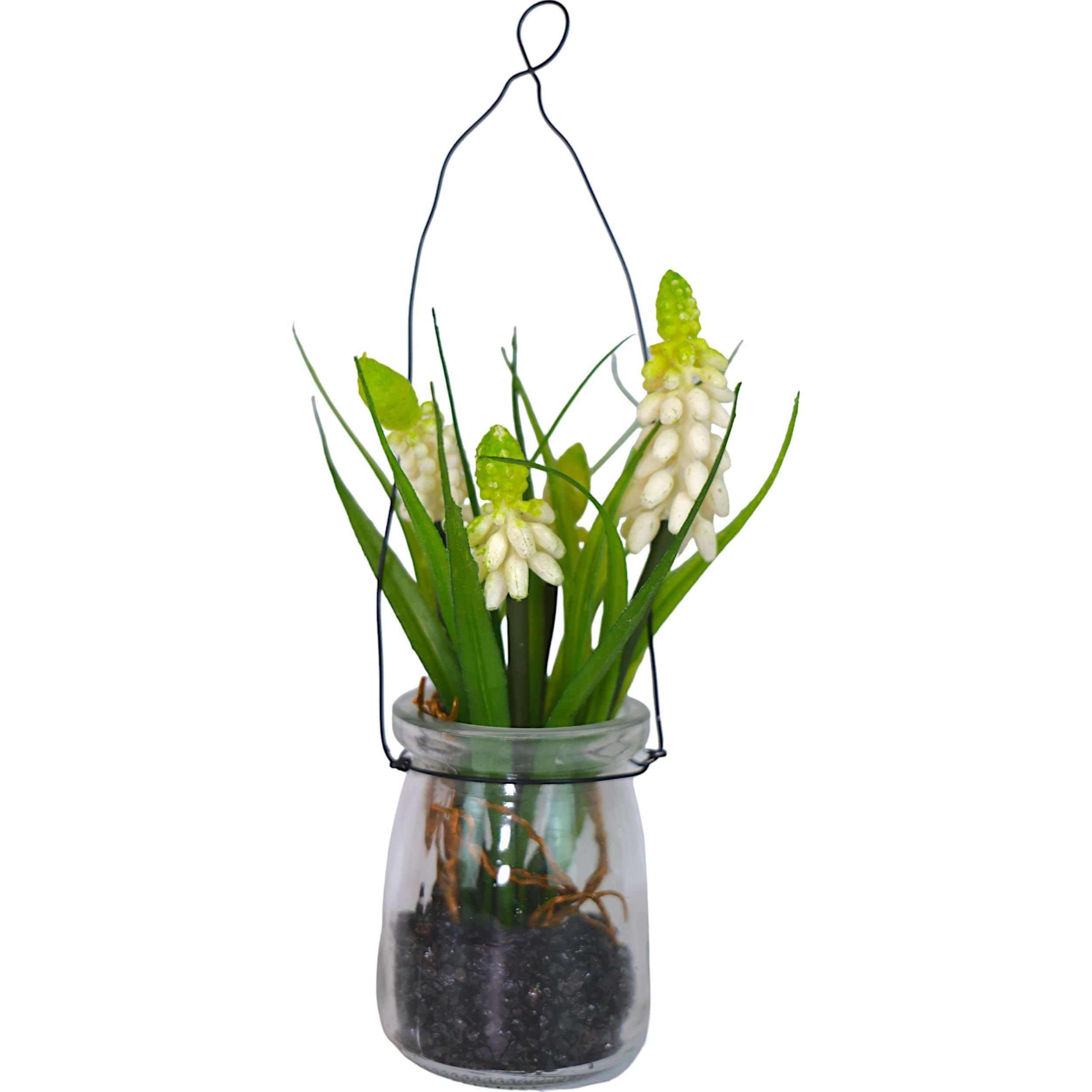 Kunstblume Weiße Muscari/Traubenhyazinte im Glas zum Hängen 19cm, 2 St., Florissima