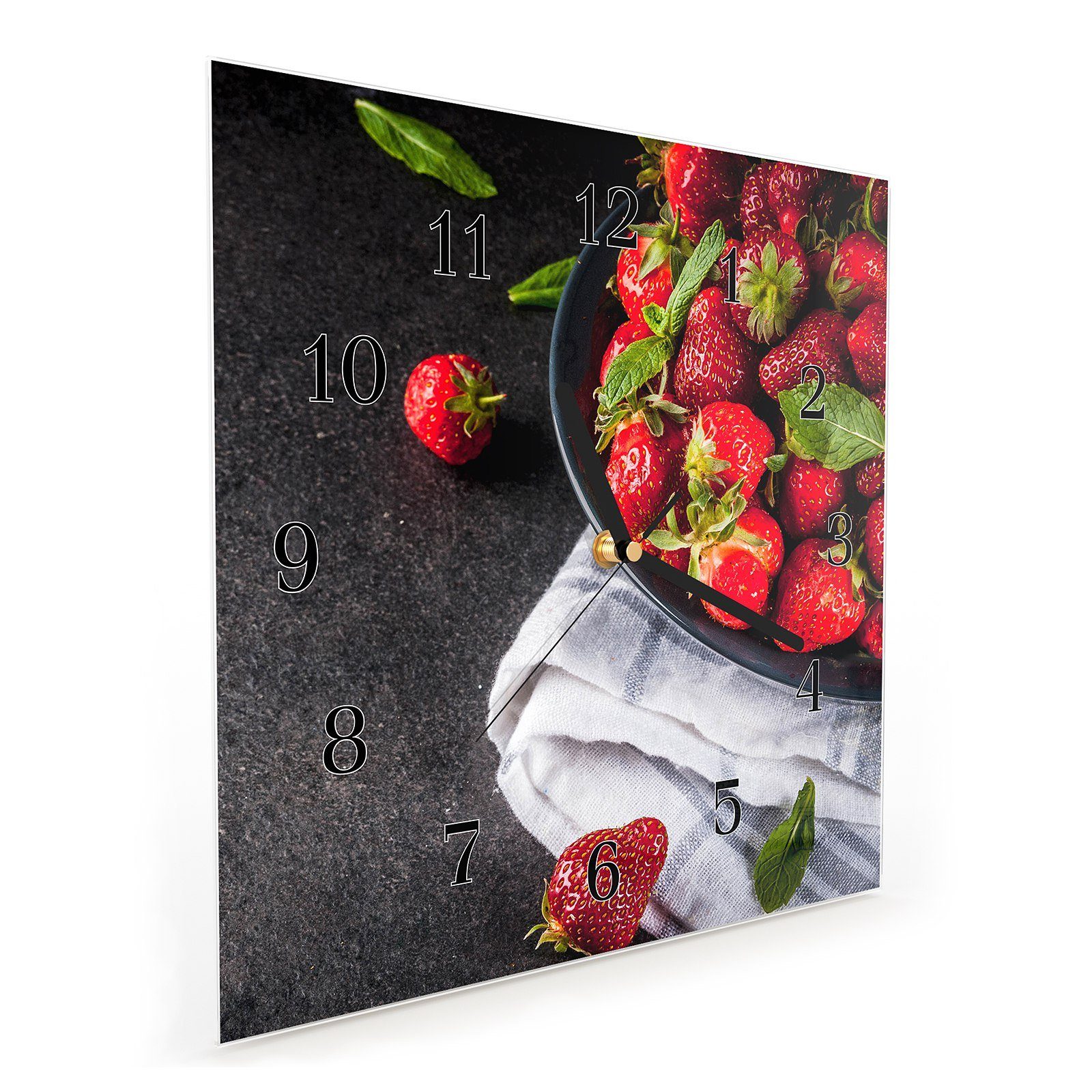 Motiv Wanduhr Primedeco Wanduhr mit Wandkunst 30 Frische Größe Glasuhr x 30 cm Erdbeeren reife