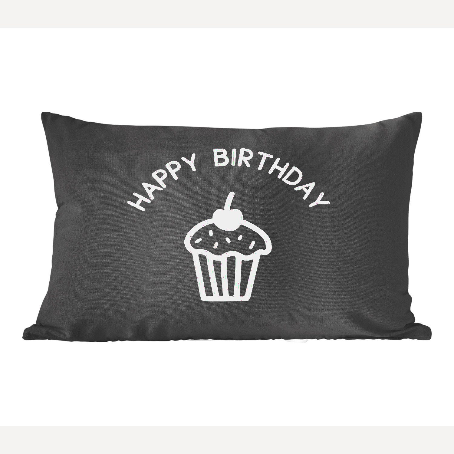 MuchoWow Dekokissen Zitat "Happy Birthday" mit einem Cupcake auf schwarzem Hintergrund, Wohzimmer Dekoration, Zierkissen, Dekokissen mit Füllung, Schlafzimmer
