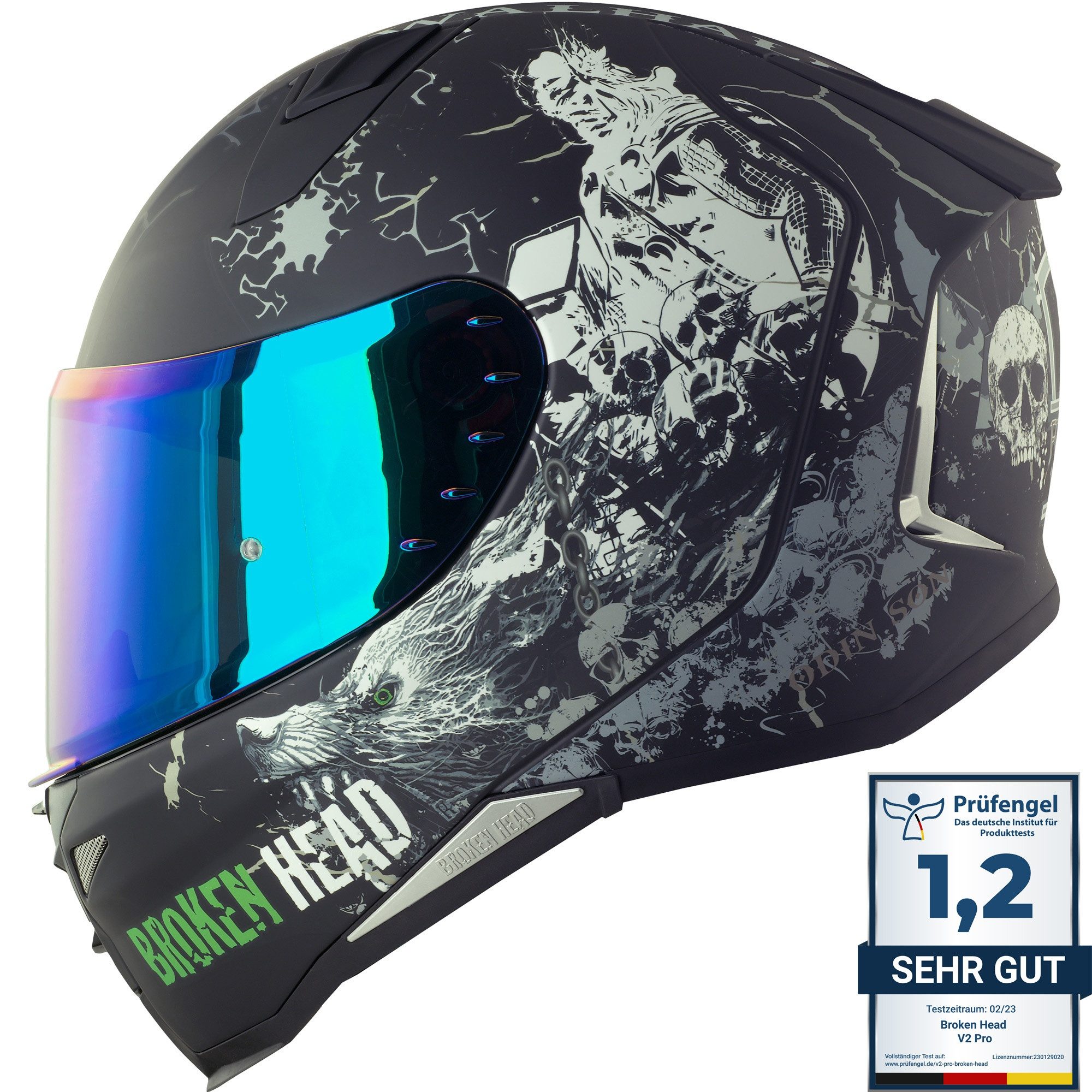 Broken Head Motorradhelm Fullgas Viking V2 Pro (Mit blau verspiegeltem Visier), Pinlock vorbereitet