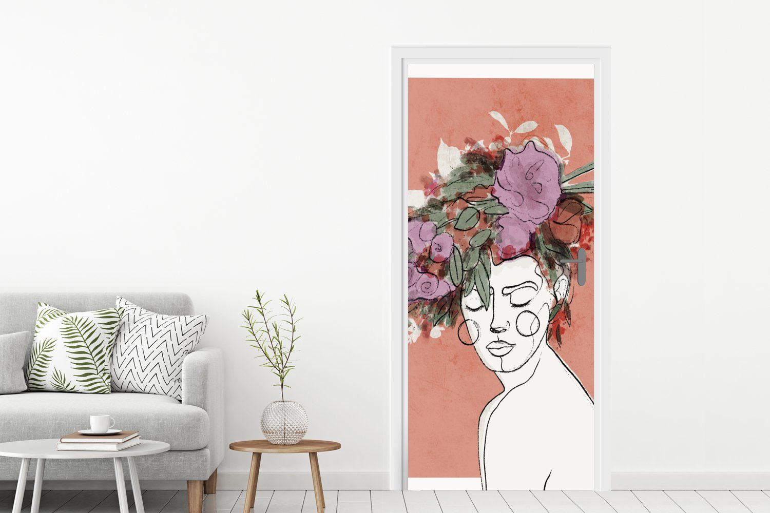 Türtapete für Tür, MuchoWow - Fototapete (1 Matt, 75x205 St), Blumen Pastell, Porträt Frau - bedruckt, Türaufkleber, cm -