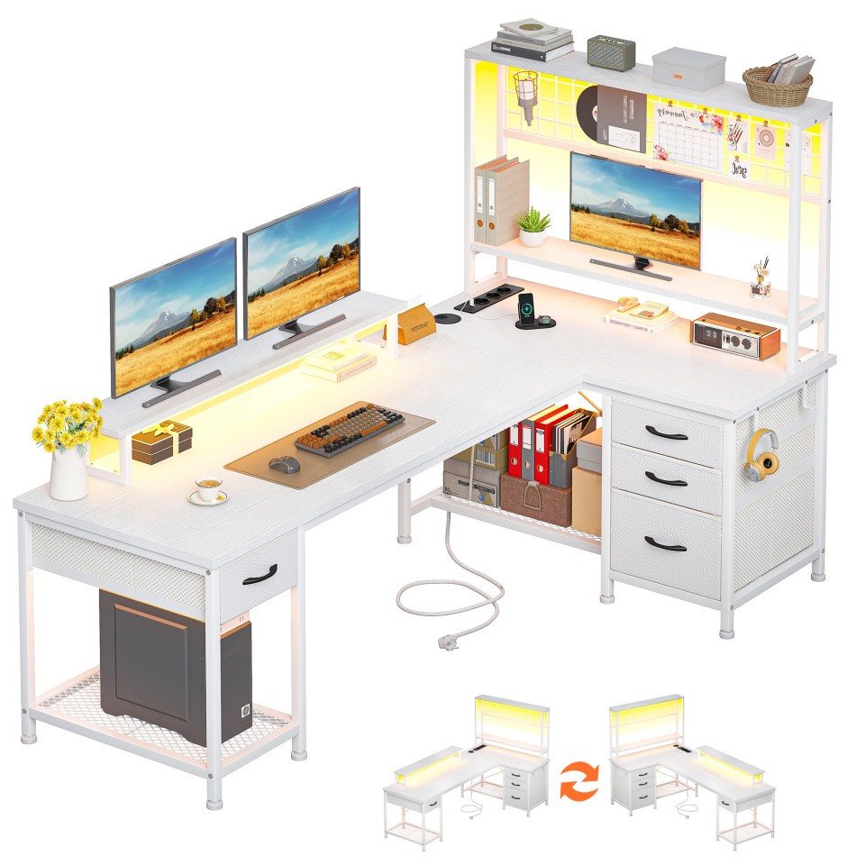 Klyvvo Schreibtisch 140/160x100 cm Gaming Schreibtisch mit Bücherregal für Homeoffice (1-St., Umkehrbar Computertisch mit 4 Schubladen, Monitorständer), LED, USB-Ladeanschluss und Steckdose, Kopfhörerhaken, Weiß