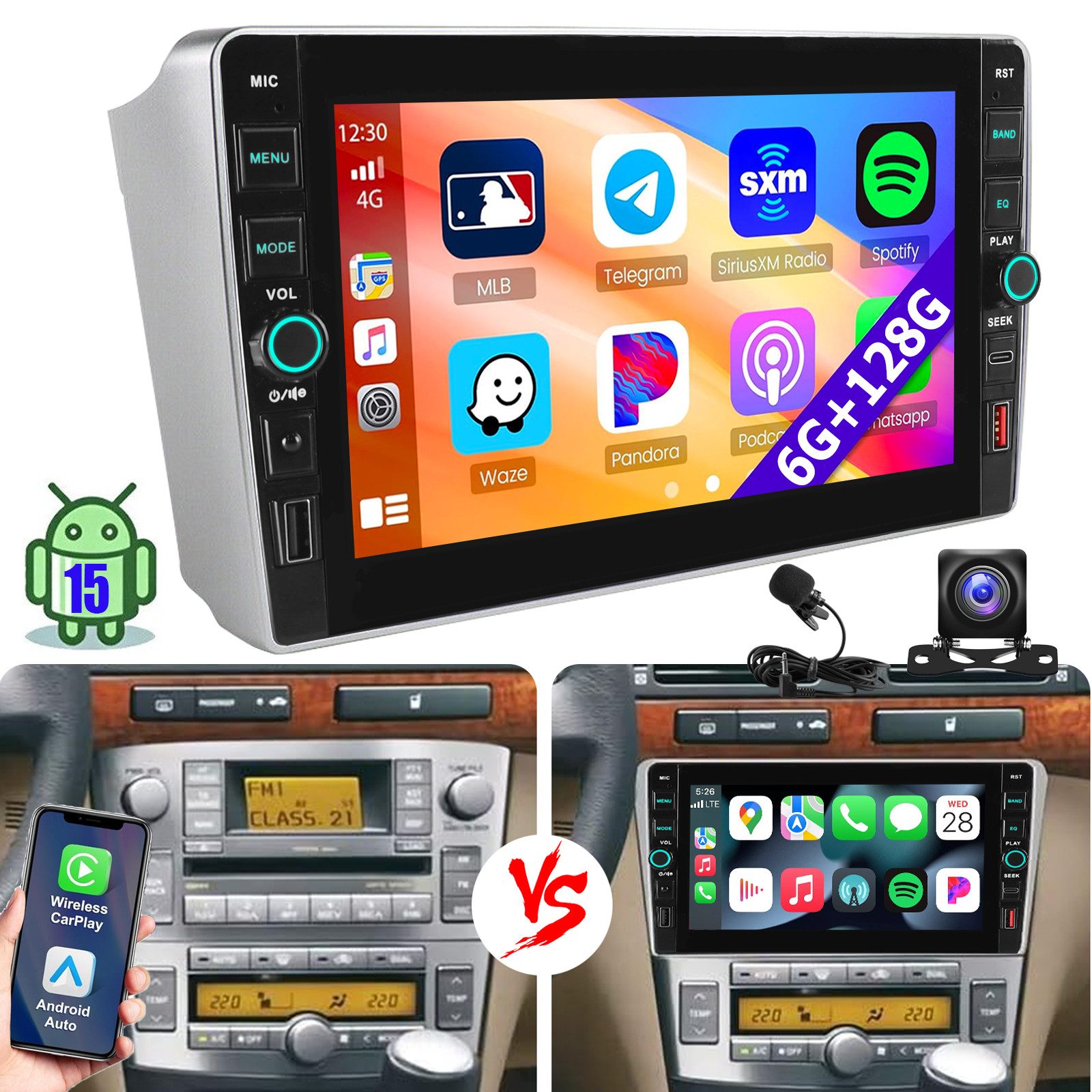 ESSGOO 6+128G Autoradio Für Toyota Avensis T25 2002-08 Android 15 Carplay GPS Autoradio (RDS, 4G LTE, Digitalradio (DAB), 6+128GB, FM, SWC)