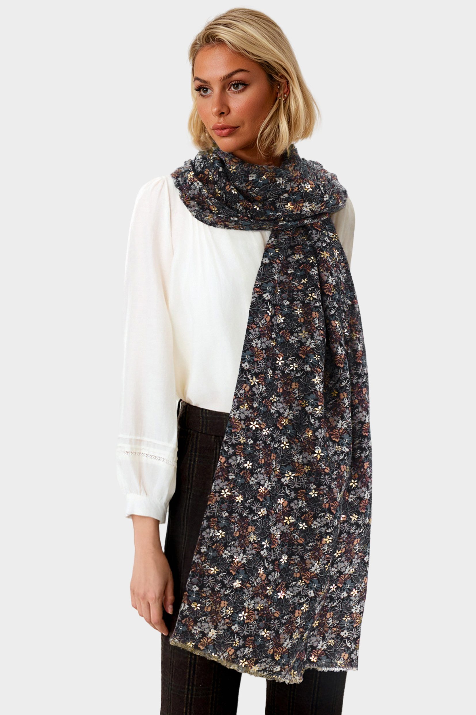 FS Collection Modeschal Damen Schal leicht & weich – Muster, Blumen, Blätter, Punkte, 100% Polyester – leicht, weich, formstabil