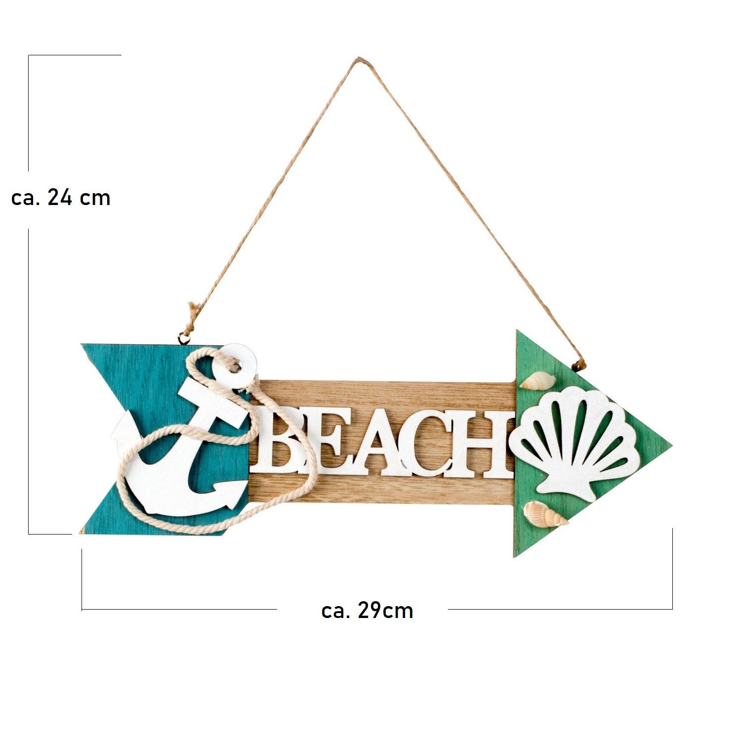 KARMA Wanddekoobjekt Dekoschild Beach Holz 29 cm maritim Wandschmuck Anker Muschel Seil (Dekoholzschild Holzdeko Strandschild Strand, Hängeschild Küste Sommerdeko Holzschild), Vintage Wanddeko Badezimmer Balkon & Terrasse