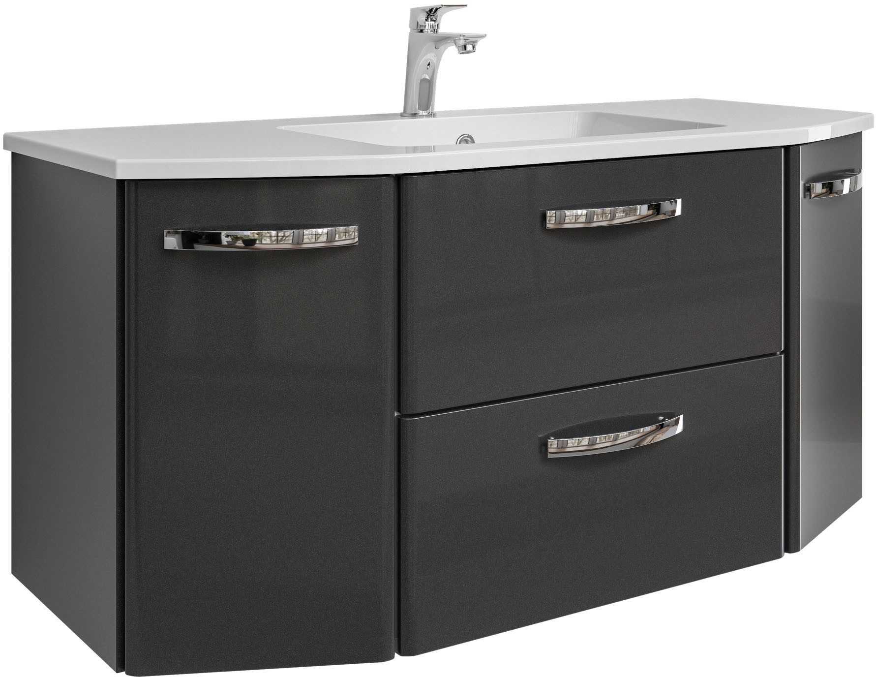 Saphir Waschtisch Quickset 327 Waschtisch mit Unterschrank, inkl Türdämpfer, Anthrazit Hochglanz, Waschplatz mit 2 Türen, 1 Klappe, 1 Auszug