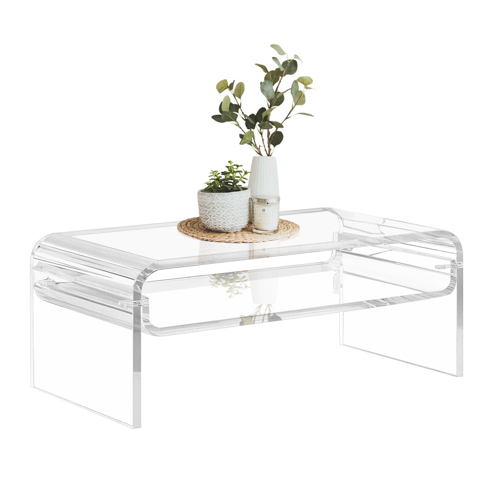 TWSOUL Couchtisch Acryl Beistelltisch Wohnzimmertisch, mit Offenem Aufbewahrungsregal, 80x50cm Transparent, mit Ablagefach, für Esszimmer Wohnzimmer