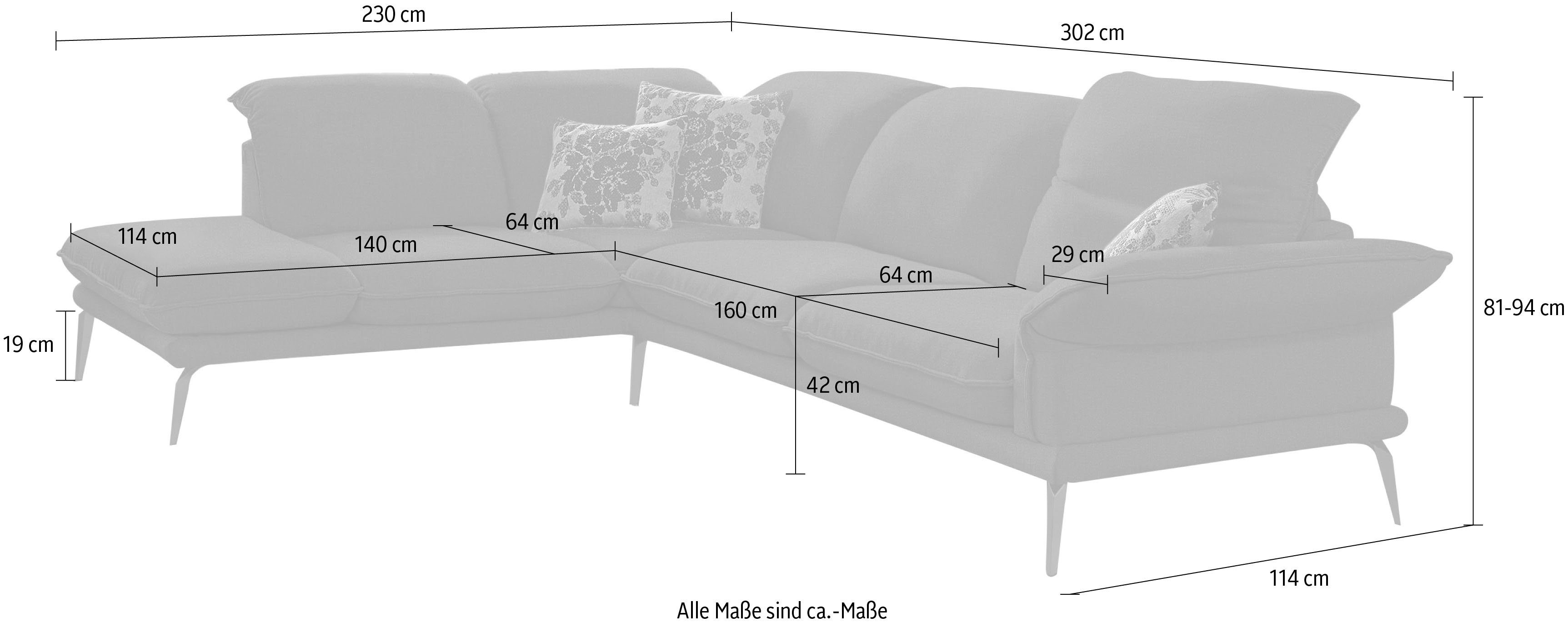 Kopfstützenverstellung, in Winkelfüße sherry, 302 glänzend, W.SCHILLIG Breite cm Chrom Ecksofa