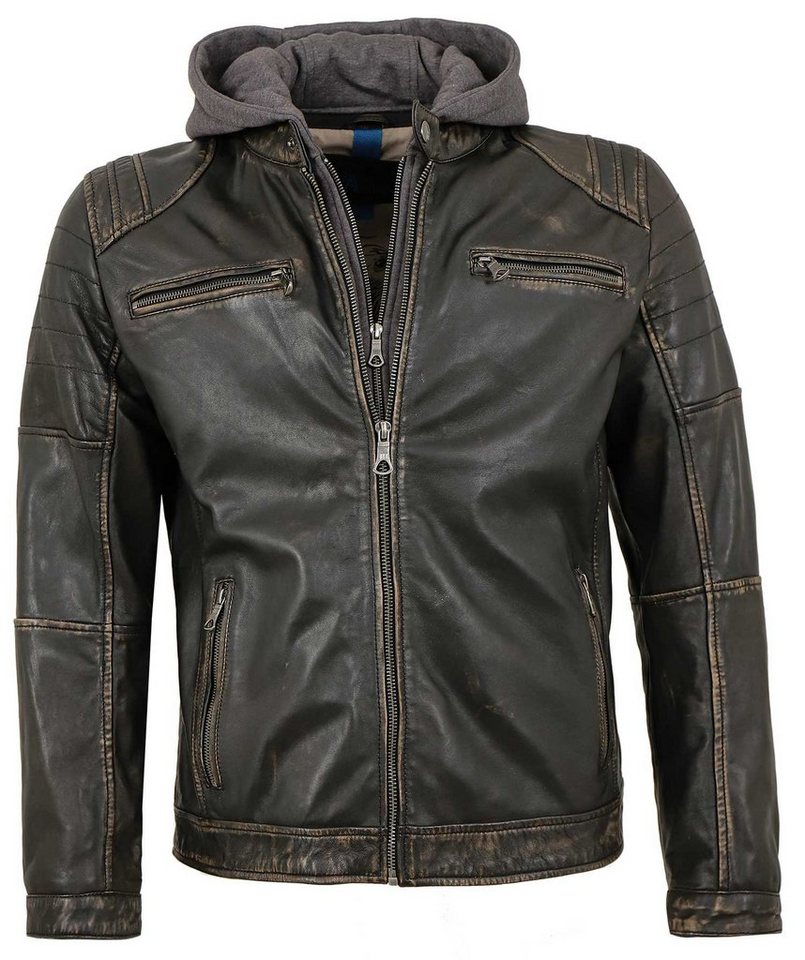 Lederjacken24 Lederjacke Herren Lederjacke Lammnappa Bikerjacke Kapuze schwarz-beige