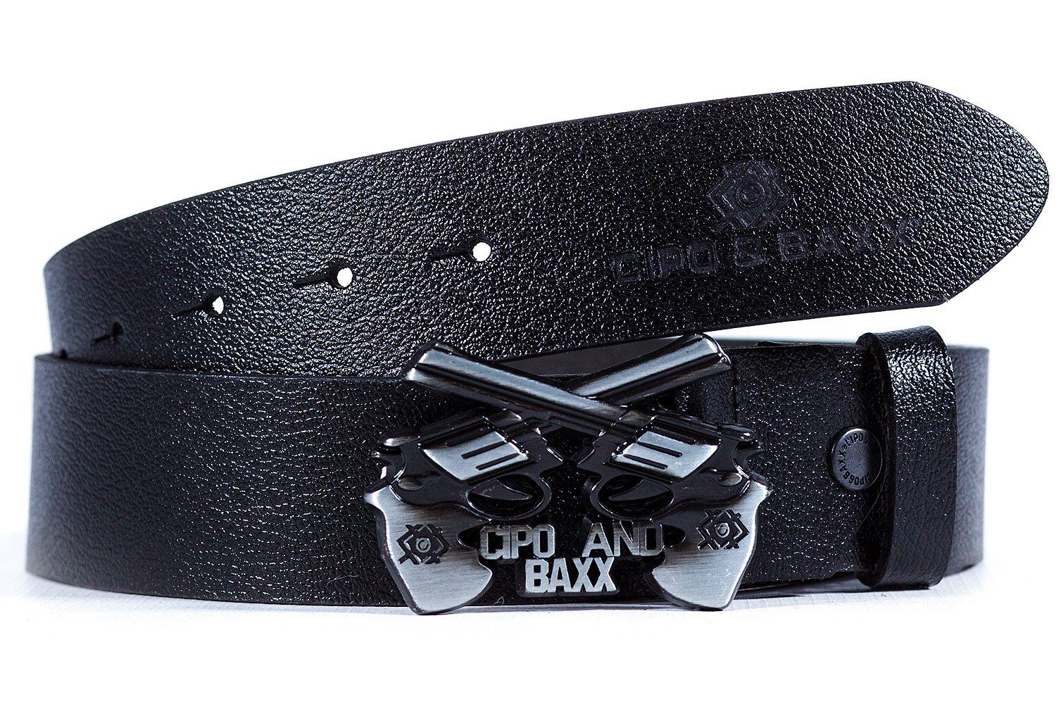 Cipo & Baxx Ledergürtel Casual Gürtel BA-CG148 mit einer Schnalle in Form von Pistolen schwarz