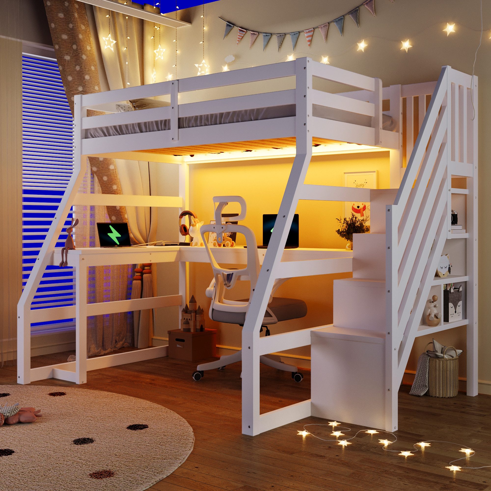 Flieks Hochbett Kinderbett 90x200cm mit Schreibtisch Lichtleiste Aufladen Stautreppe