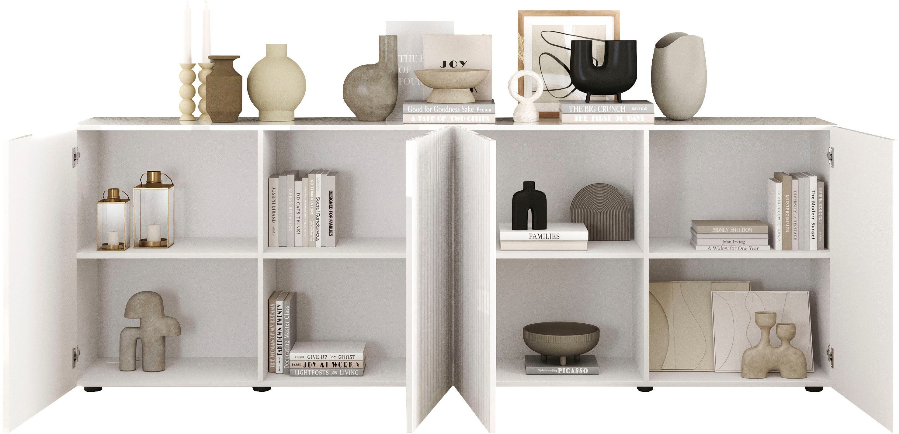 Home affaire Sideboard Rio Breite 240 cm, Kommode mit 4 Türen, Anrichte, geriffelte MDF-Fronten, modern u. elegant, viel Stauraum