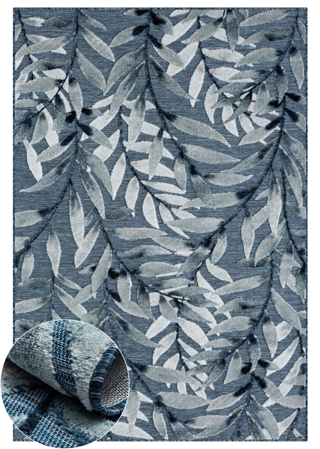 Wohnando Teppich MY-RUG Outdoor-Teppich "Laurel" 150x80 cm, blau, rechteckig, Höhe: 8 mm, mit floralem Hoch-Tief-Design, für draußen