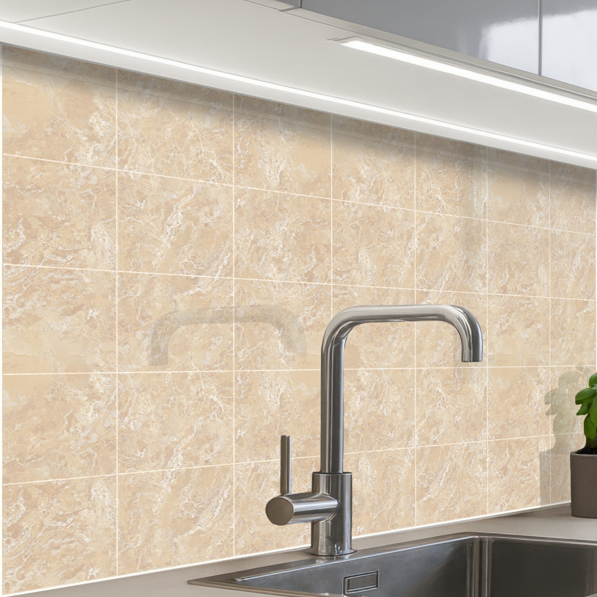 KitchenYeah Küchenrückwand selbstklebend (keine Folie) Marmor - Kacheln - Beige, (1-tlg), Spritzschutz, Küche, Rückwand, Küchenwand, Küchenfront, 80x60 cm