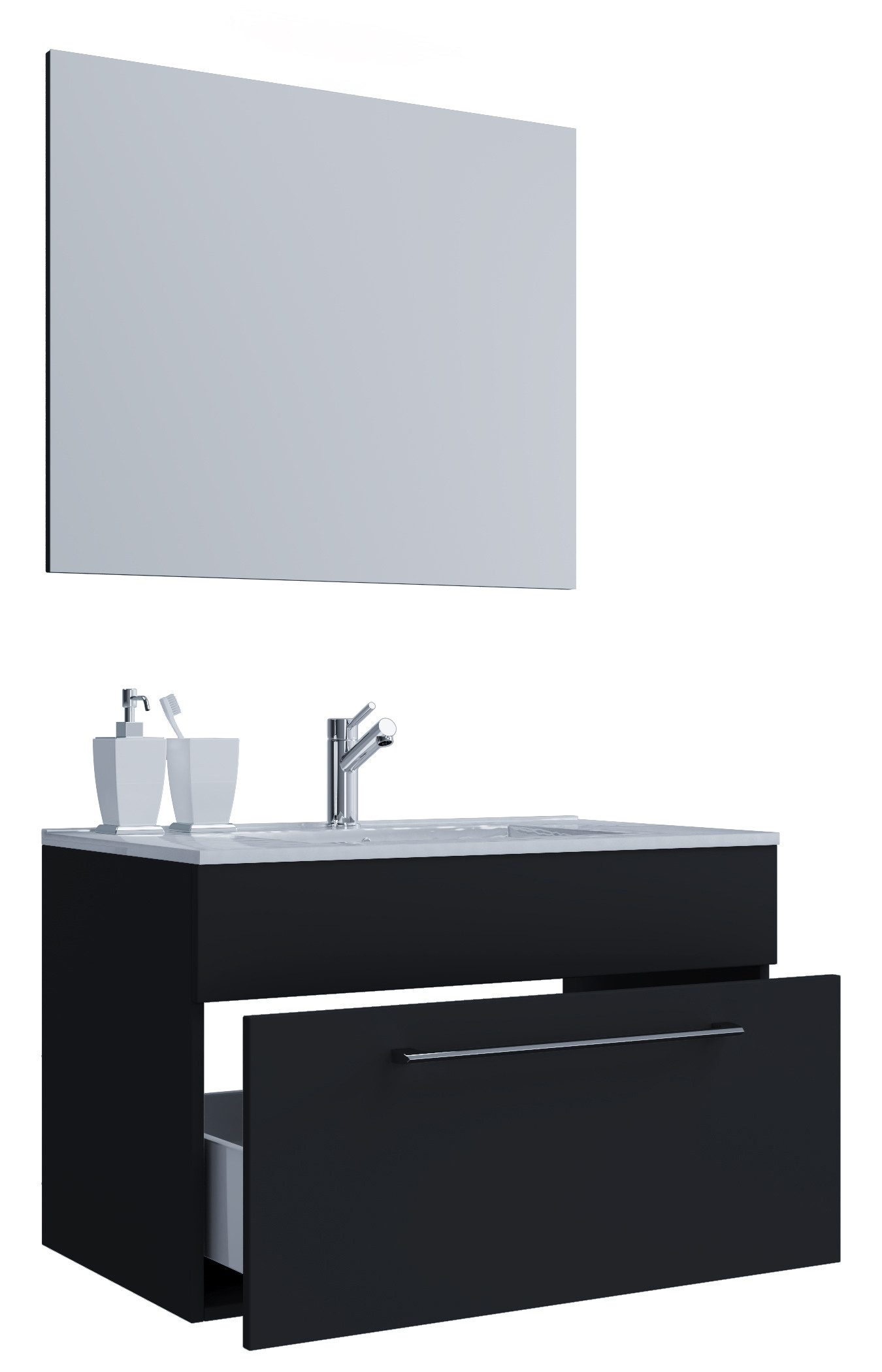 VCM Waschtisch Badinos 3er Set B. 80 x T. 46 x H. 111 cm (Set, 3-St., 1x Unterschrank 1x Waschbecken 1x Spiegel), Waschplatz mit zusätzlichem Stauraum, für Bad und Gäste-WC, 1 Fächer