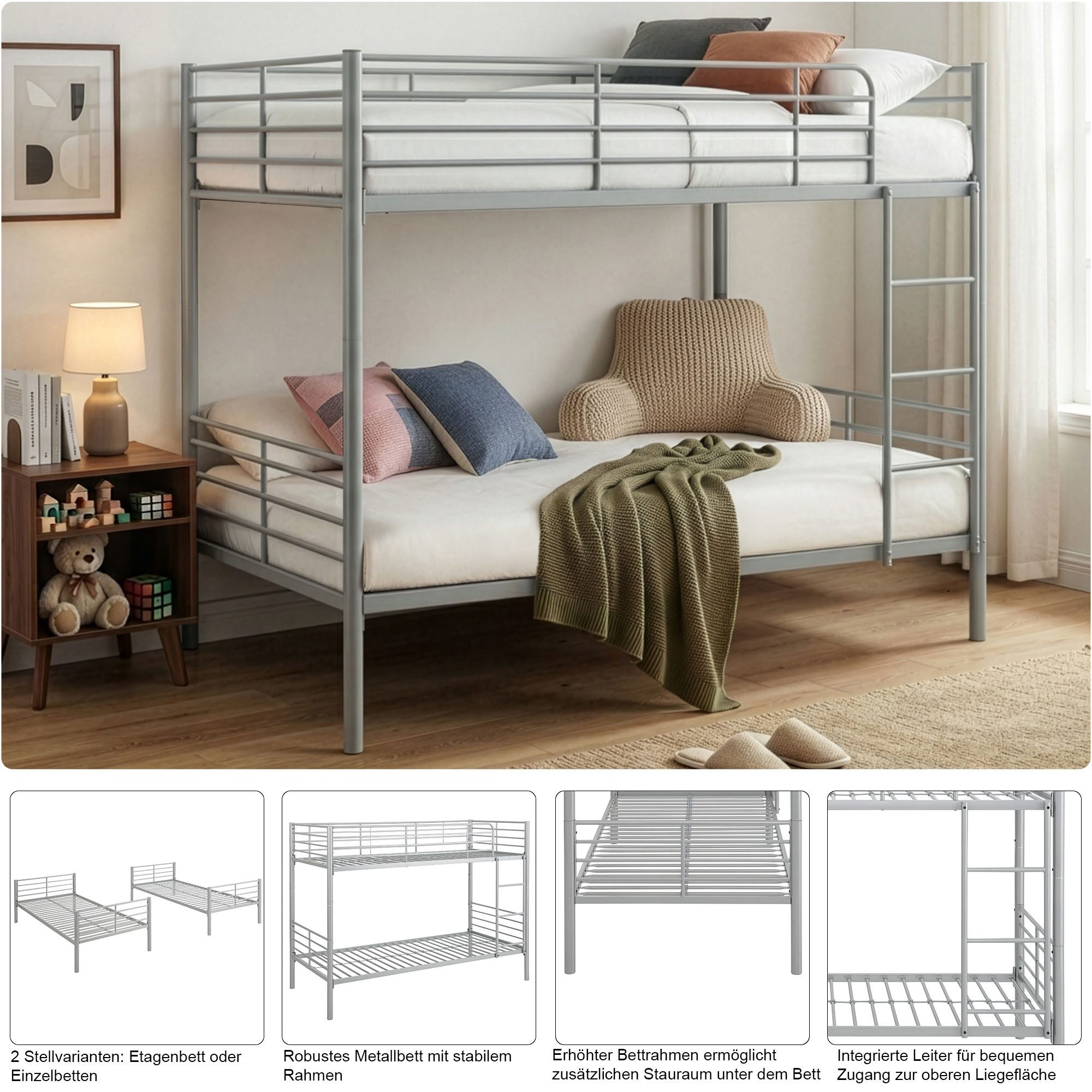 OTTO home Etagenbett Hayo, Metallbett, Stockbett (teilbar in 2 Einzelbetten), perfekt für kleine Räume, mehrere Farben, (B/T/H) ca. …