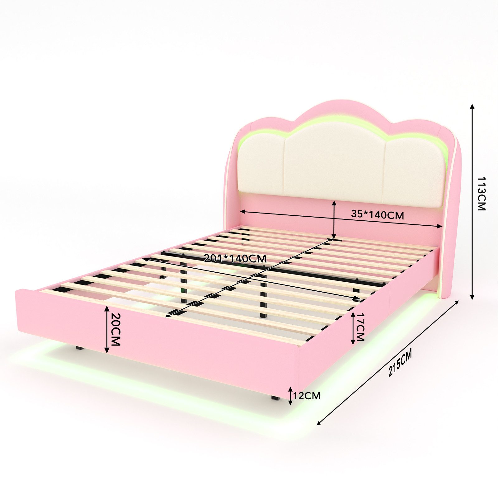 HOMAVO Polsterbett Kinderbett Samt-Polsterbett, inkl. LED, bis 360 kg belastbar (FSC®, Rollrost, Metall/Massivholz, Anti-Rutsch-Klett - für Kinder & Jugend)