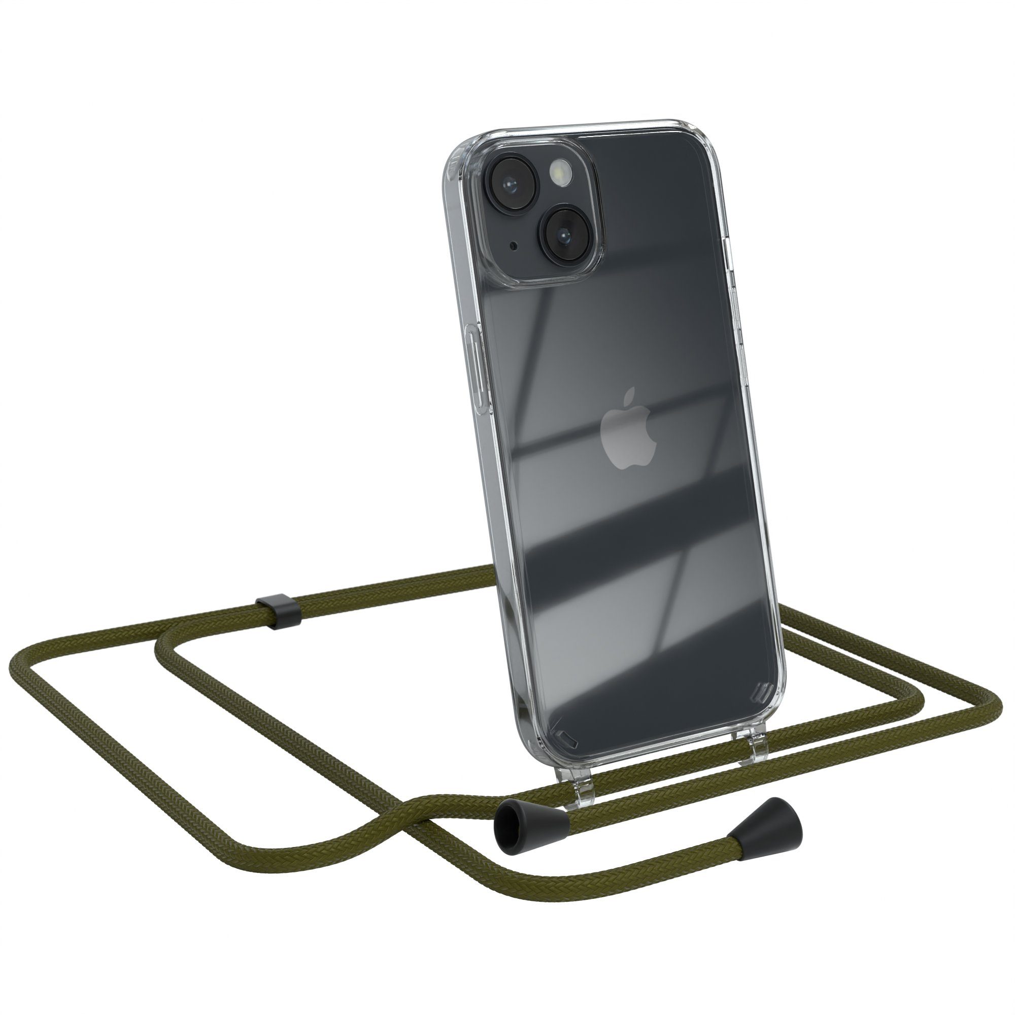 EAZY CASE Handykette Clips Schwarz für Apple iPhone 14 6,1 Zoll, Handykette mit Band Cross Bag für Mann und Frau Festivalbag Olive Grün