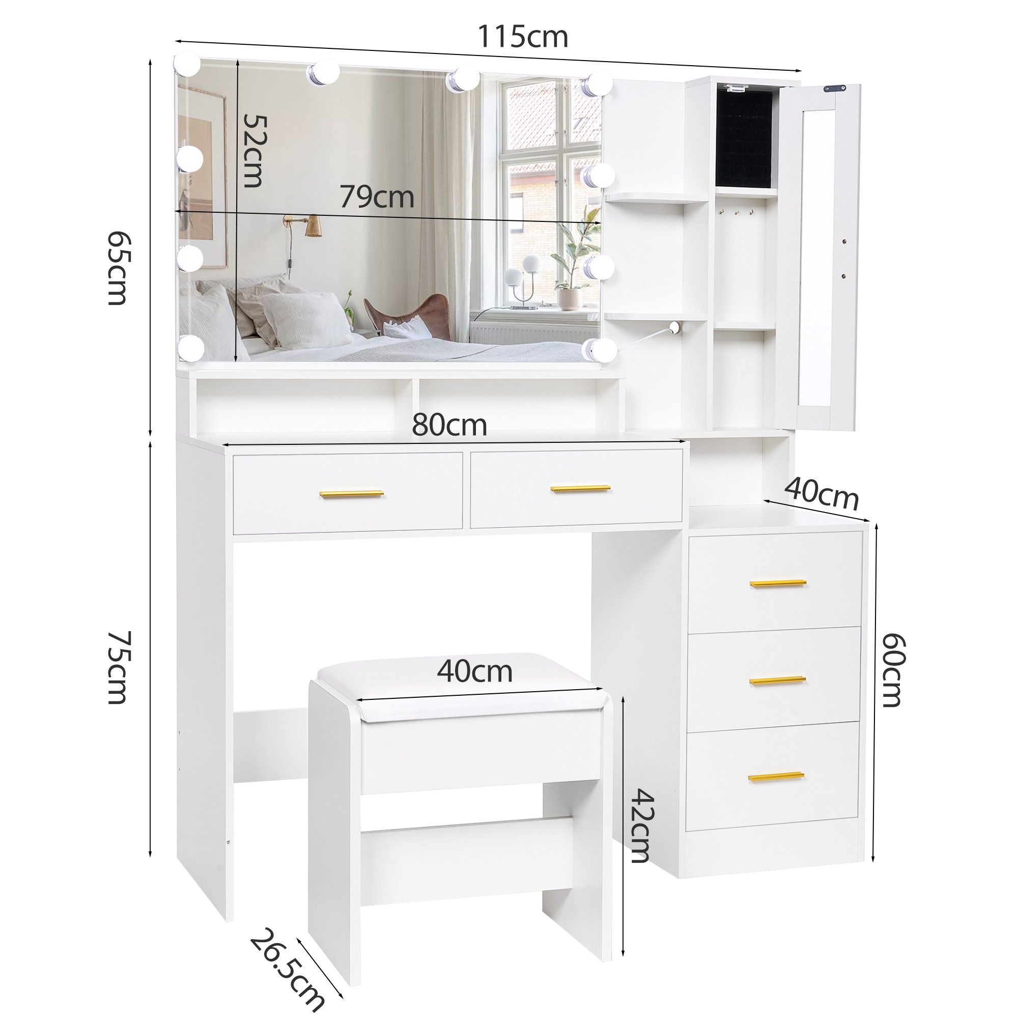 BEWISHOME Schminktisch mit Spiegel und Hocker, fünf Schubladen, 115x40x140c günstig online kaufen