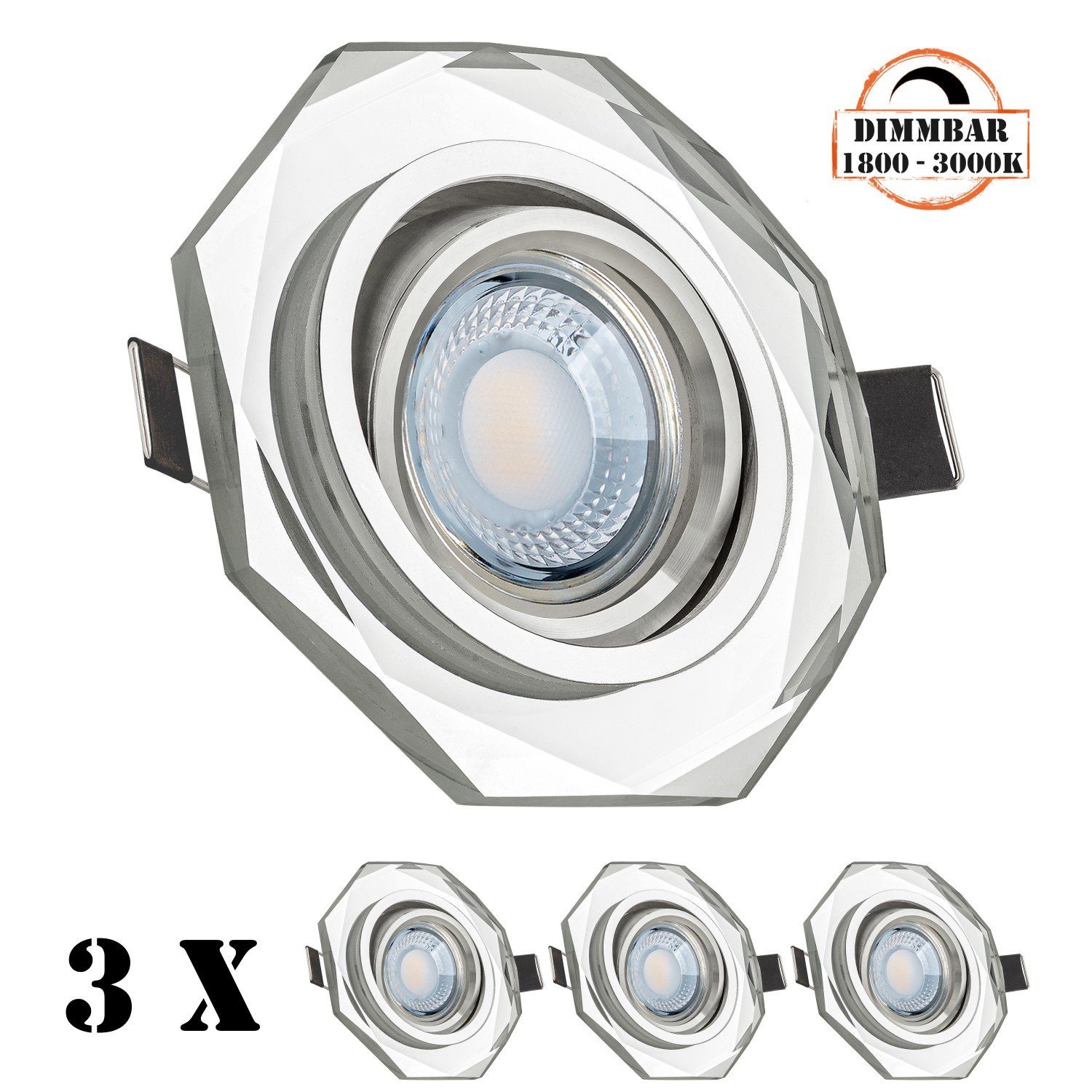 LEDANDO LED Einbaustrahler 3er LED Einbaustrahler Set extra flach in Glas / Kristall mit 5W LED v