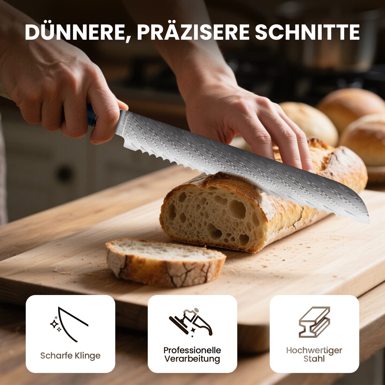KAZUSHI Brotmesser 8 Zoll Kochmesser, Lebensmittelqualität Edelstahl, mit Wellenschliff, ergonomischer Griff – Bild 3 von 5